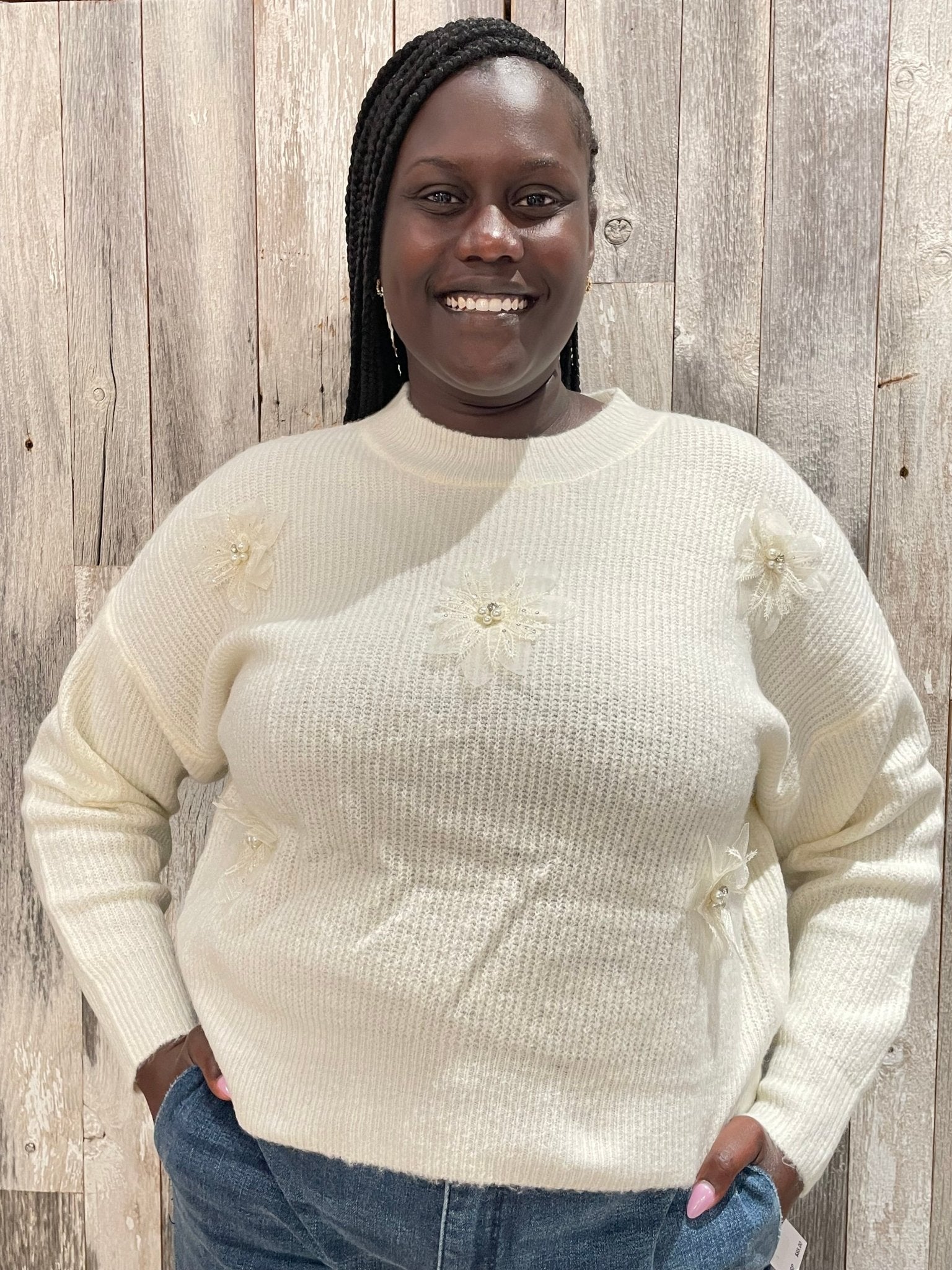 Crew Neck Sweater W/ Flowers - Mainstream Boutique