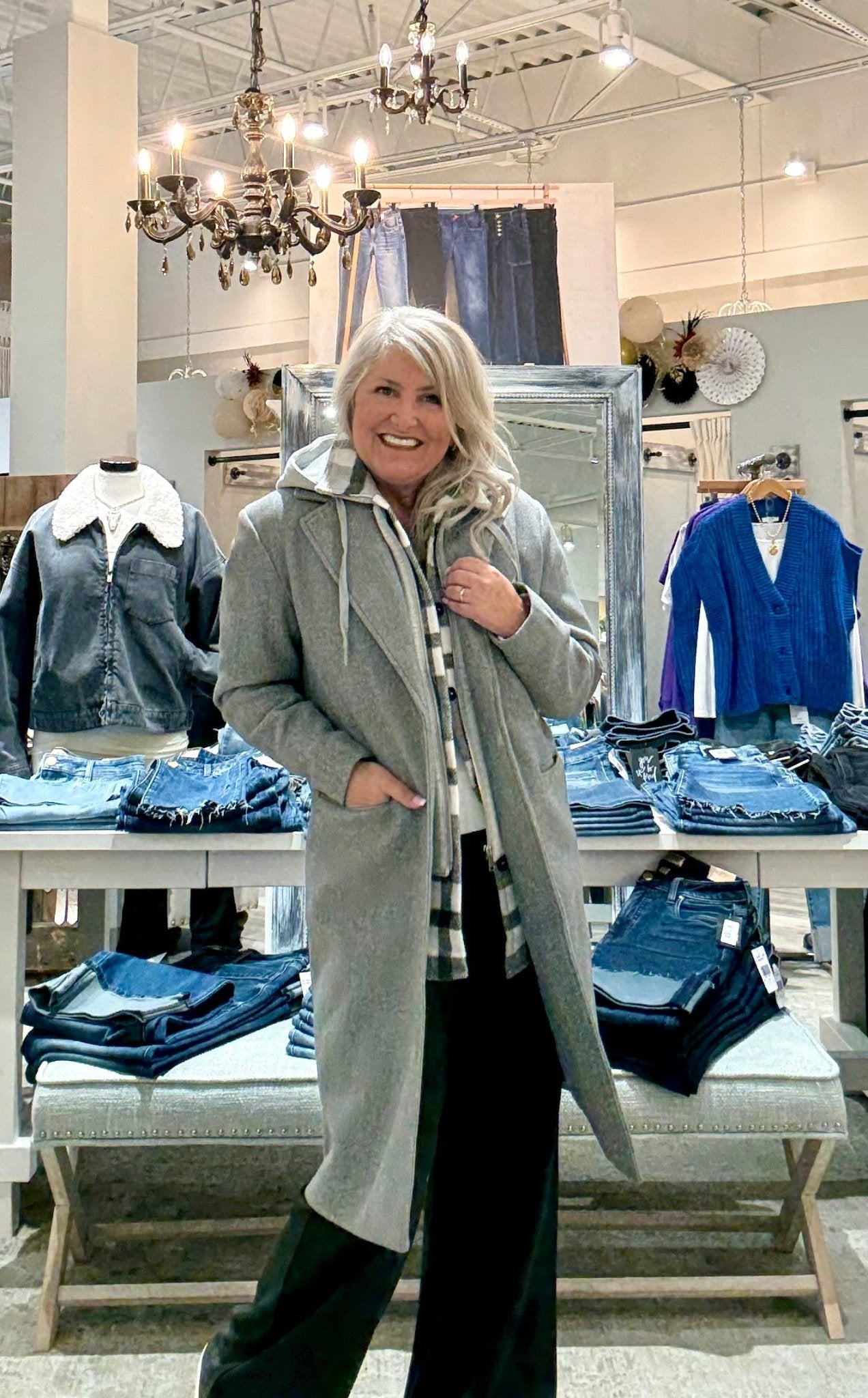 Ultra Soft Brushed Knit Fooler Coat with Hood- grey