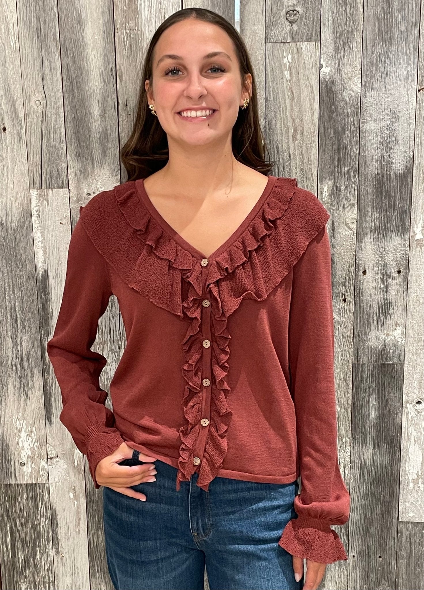 Ruffle Fine Gauge Button Front Top - Mainstream Boutique