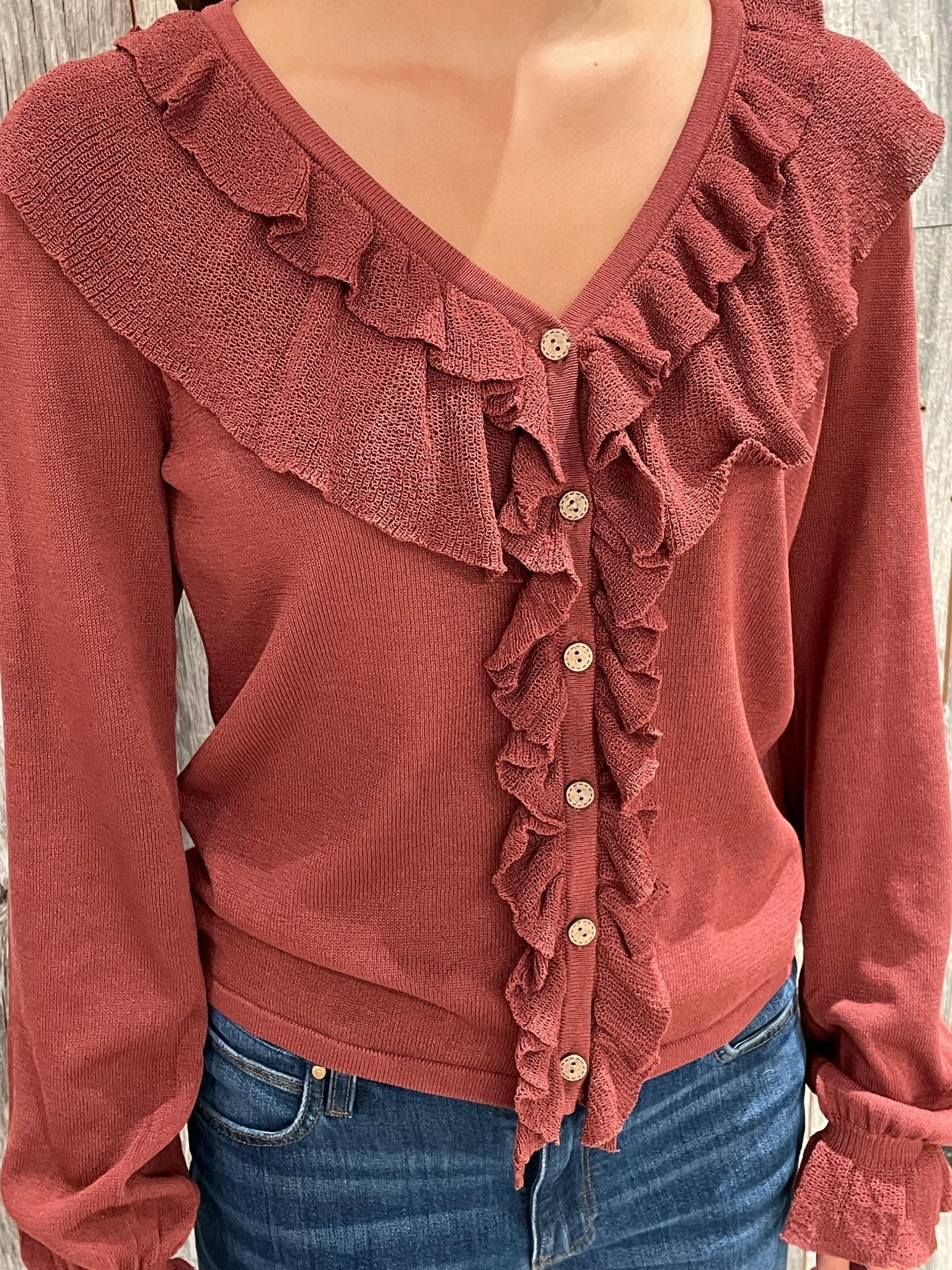 Ruffle Fine Gauge Button Front Top - Mainstream Boutique