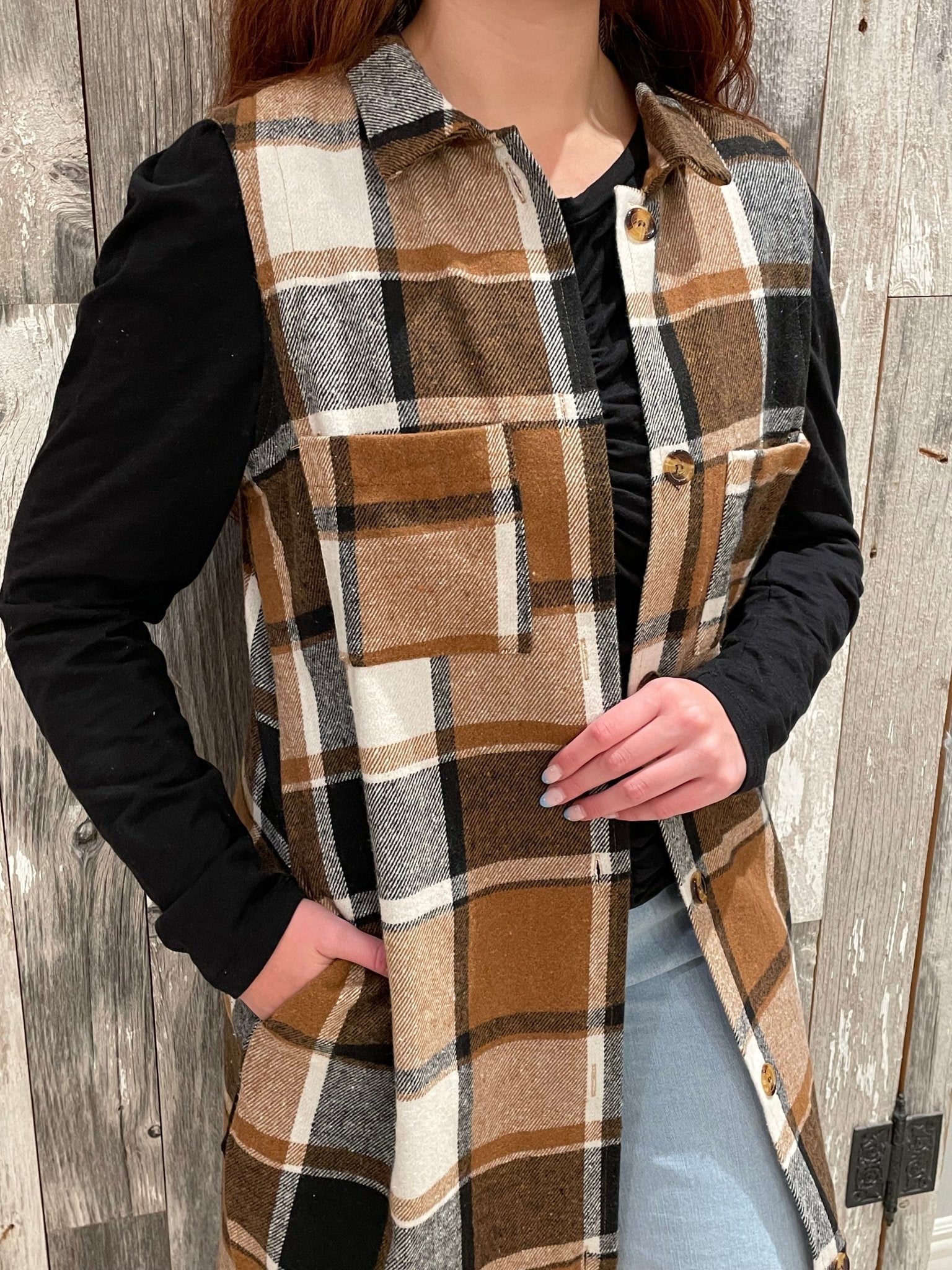 Plaid Longline Lapel Vest - Mainstream Boutique