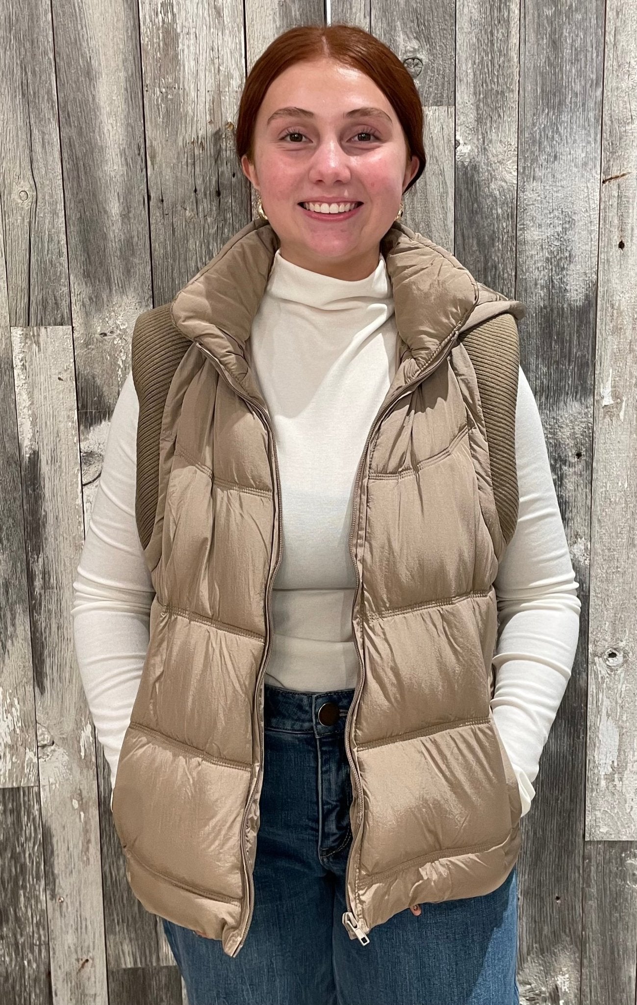 Sweater Rib Detail Nylon Hooded Puffer Vest - Mainstream Boutique