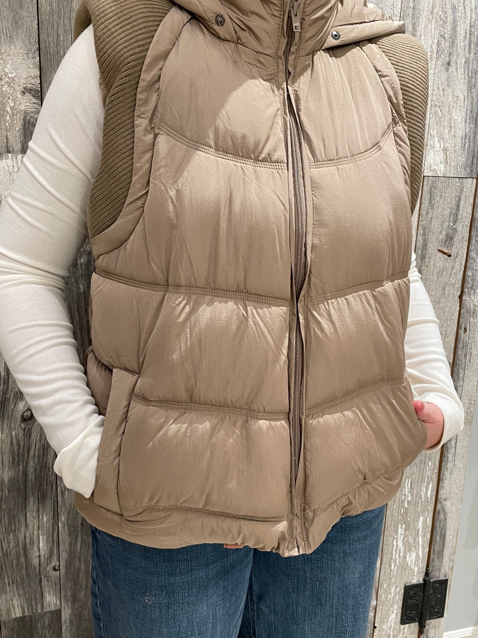 Sweater Rib Detail Nylon Hooded Puffer Vest - Mainstream Boutique