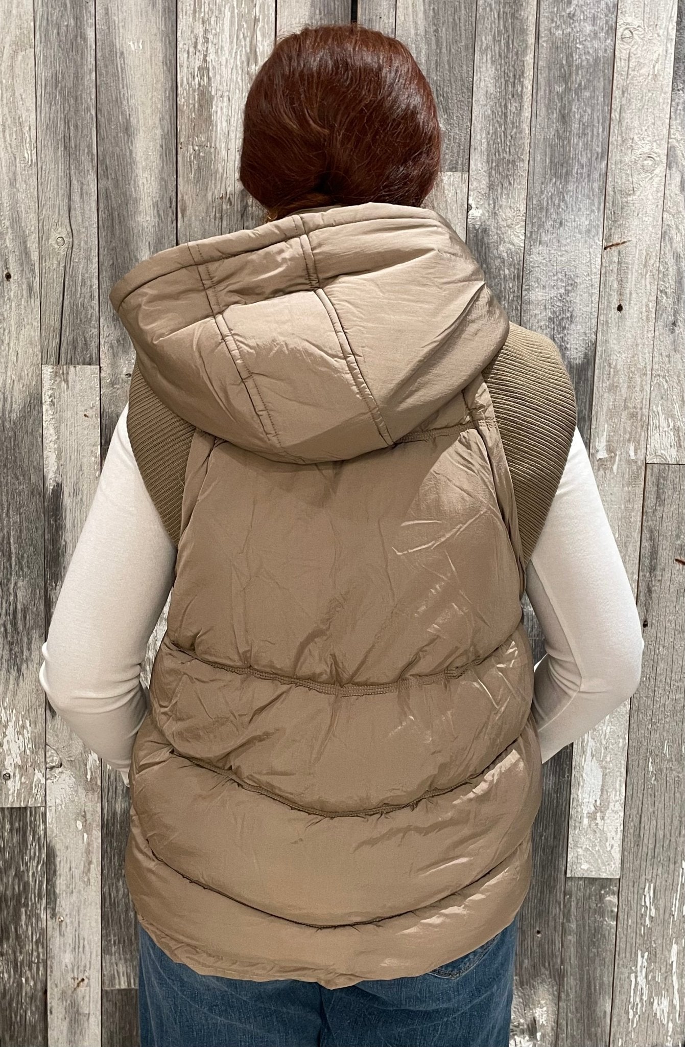 Sweater Rib Detail Nylon Hooded Puffer Vest - Mainstream Boutique