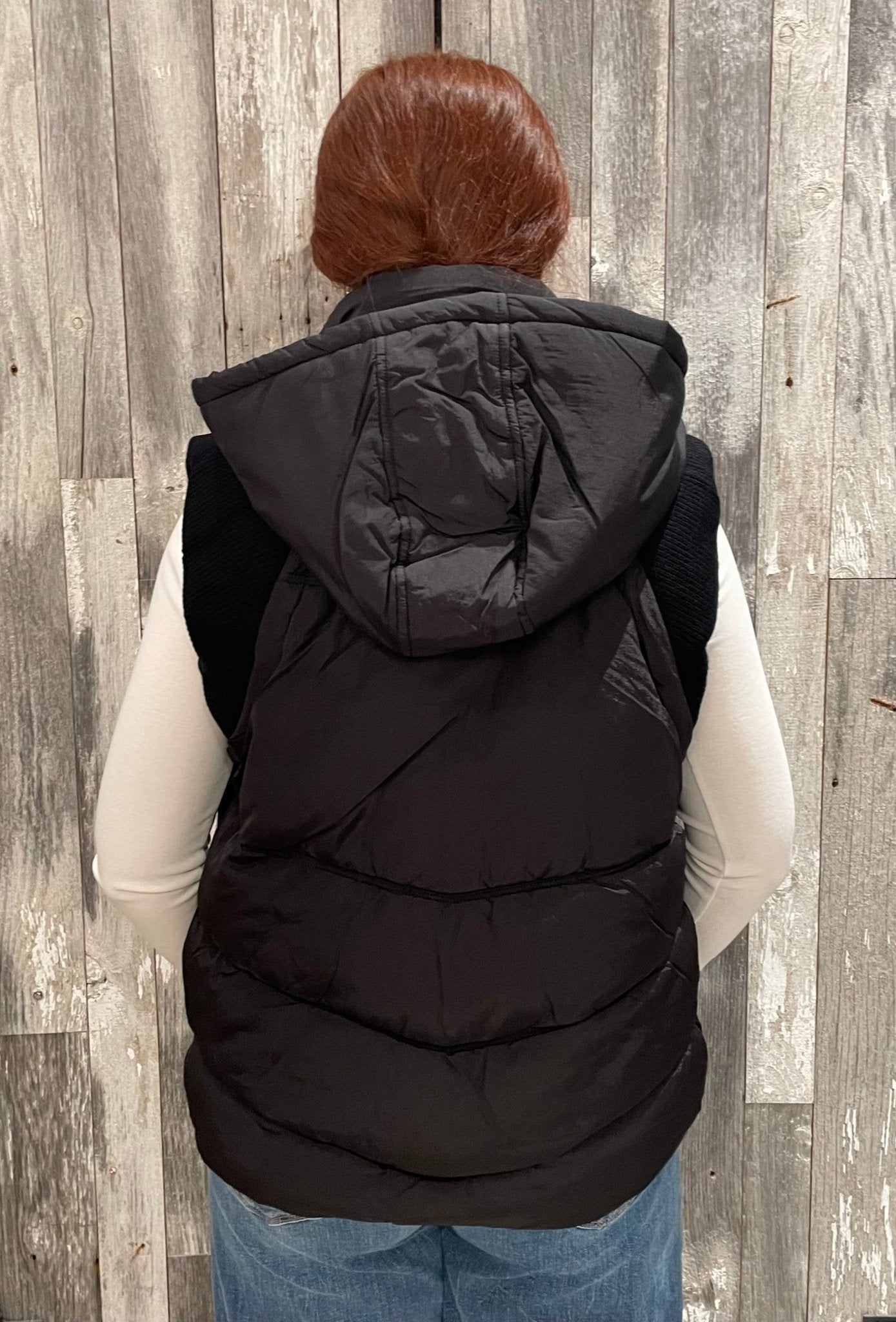 Sweater Rib Detail Nylon Hooded Puffer Vest - Mainstream Boutique