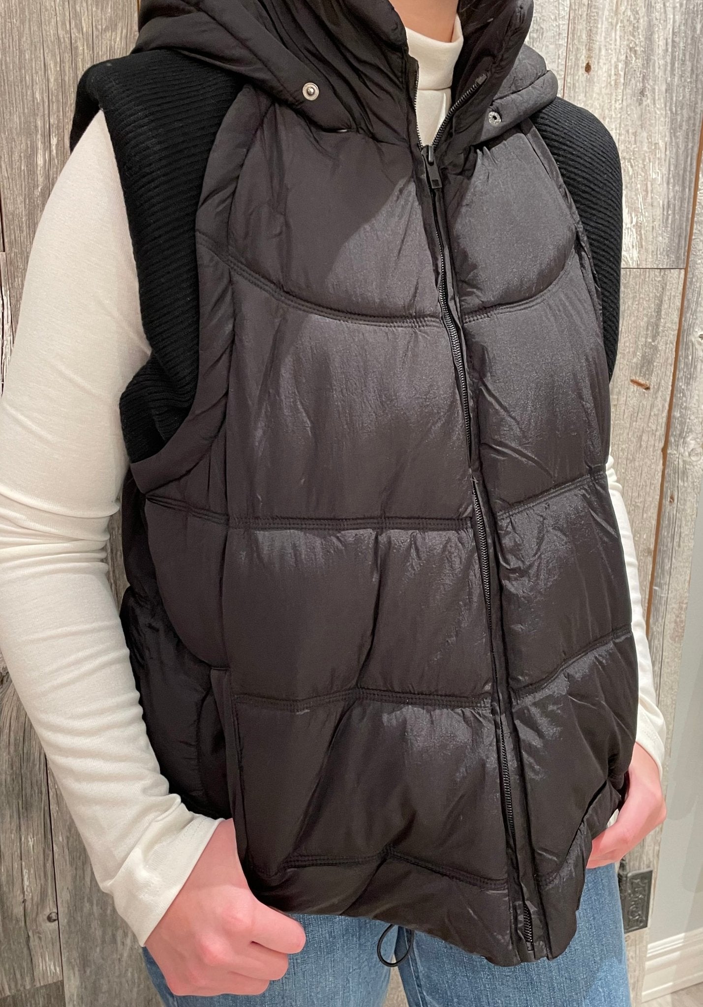 Sweater Rib Detail Nylon Hooded Puffer Vest - Mainstream Boutique