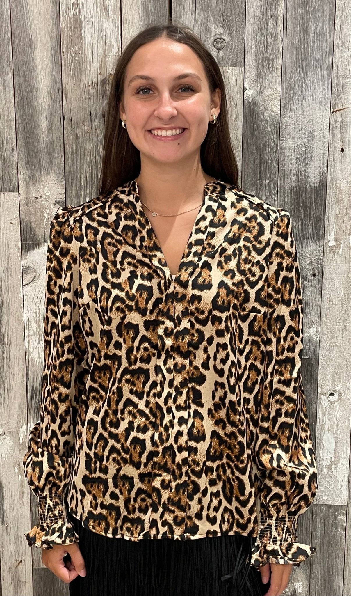 Pleated Neck Leopard Printed Satin Blouse - Mainstream Boutique