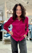 Long Sleeve Button Up Woven Shirt- fuchsia