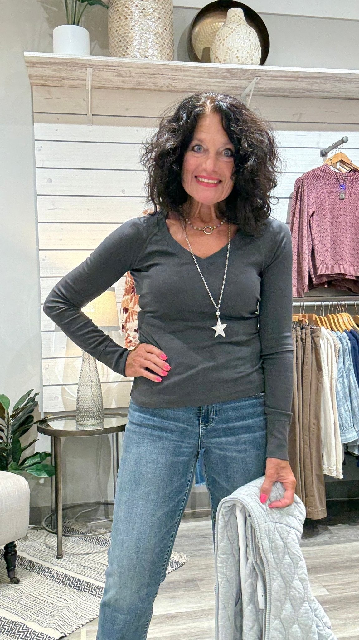 V - Neck Luxe Rib Long Sleeve Top - Mainstream Boutique