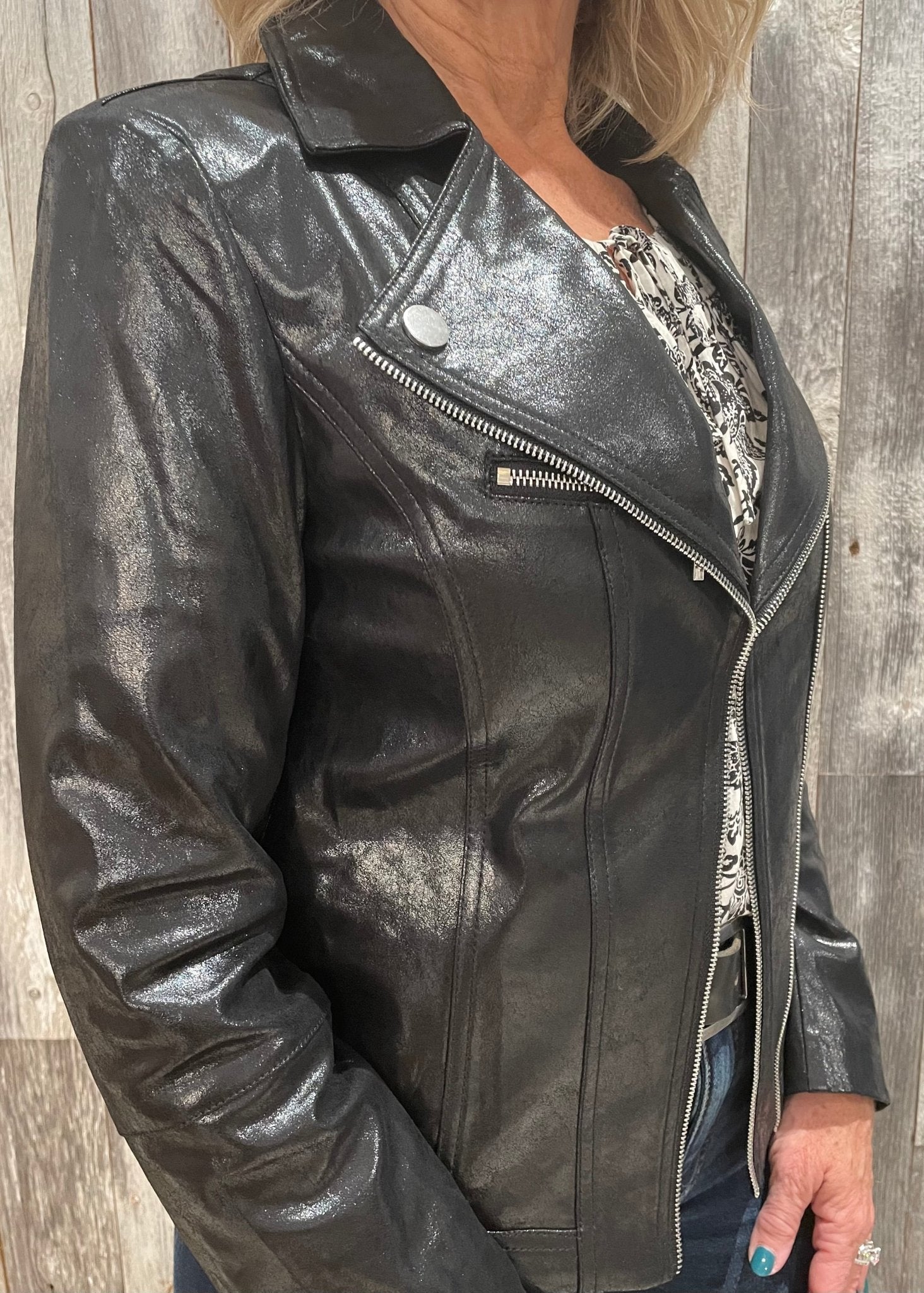Solid Metallic Vegan Leather Moto Jacket - Mainstream Boutique