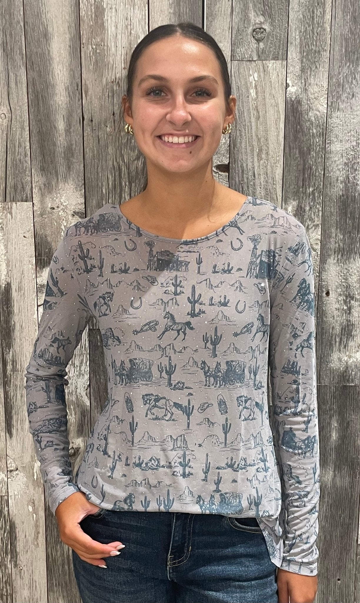 Long Sleeve Mesh Old West Top W/ Sparkly Details - Mainstream Boutique