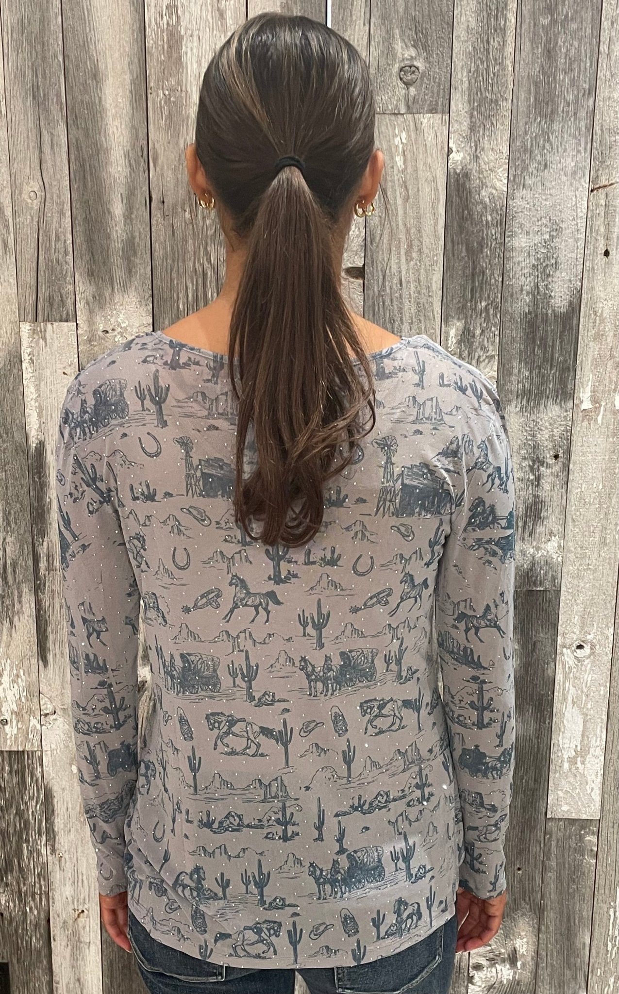 Long Sleeve Mesh Old West Top W/ Sparkly Details - Mainstream Boutique