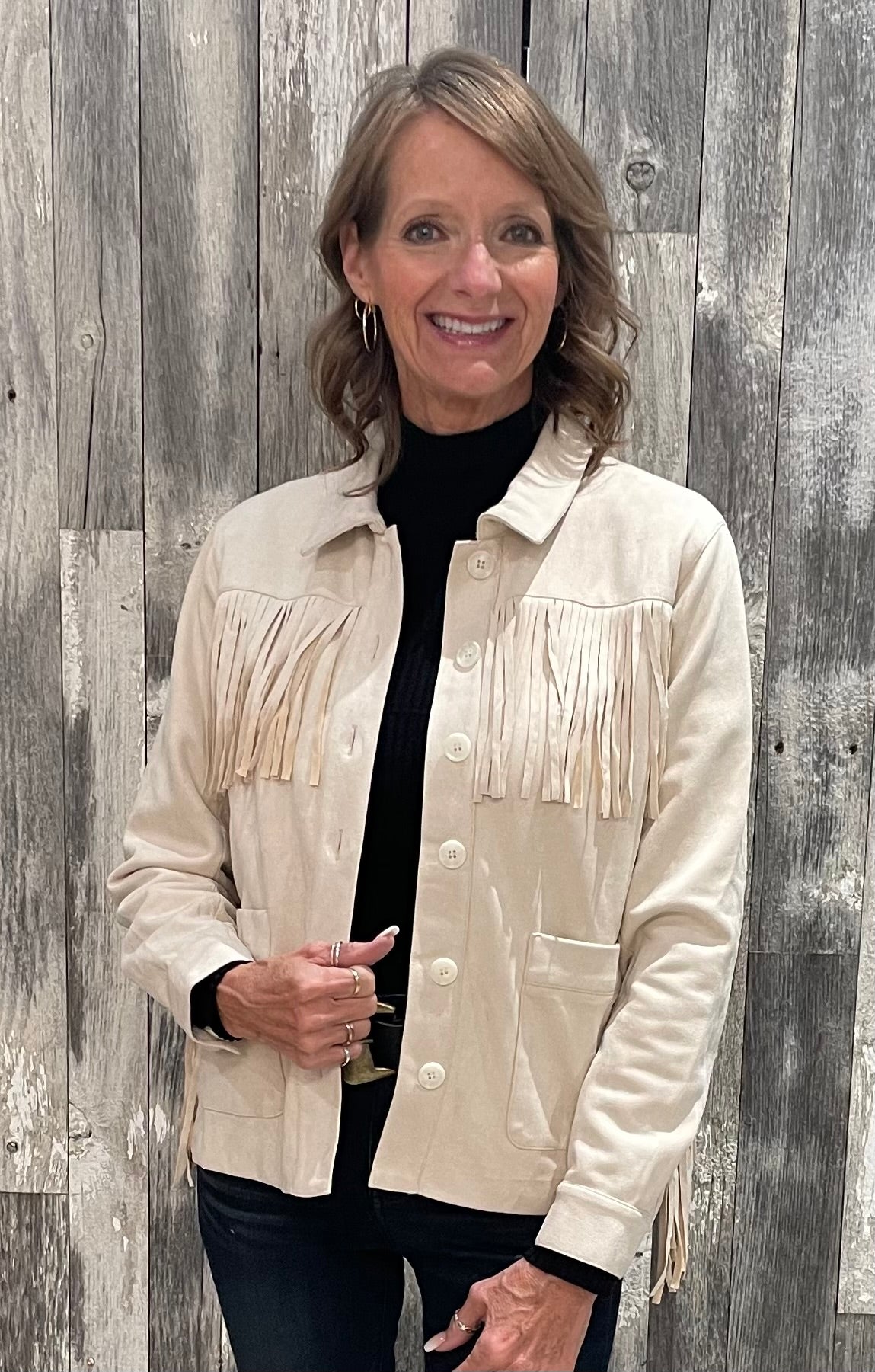 Fringe Detail Faux Suede Utility Jacket - Mainstream Boutique
