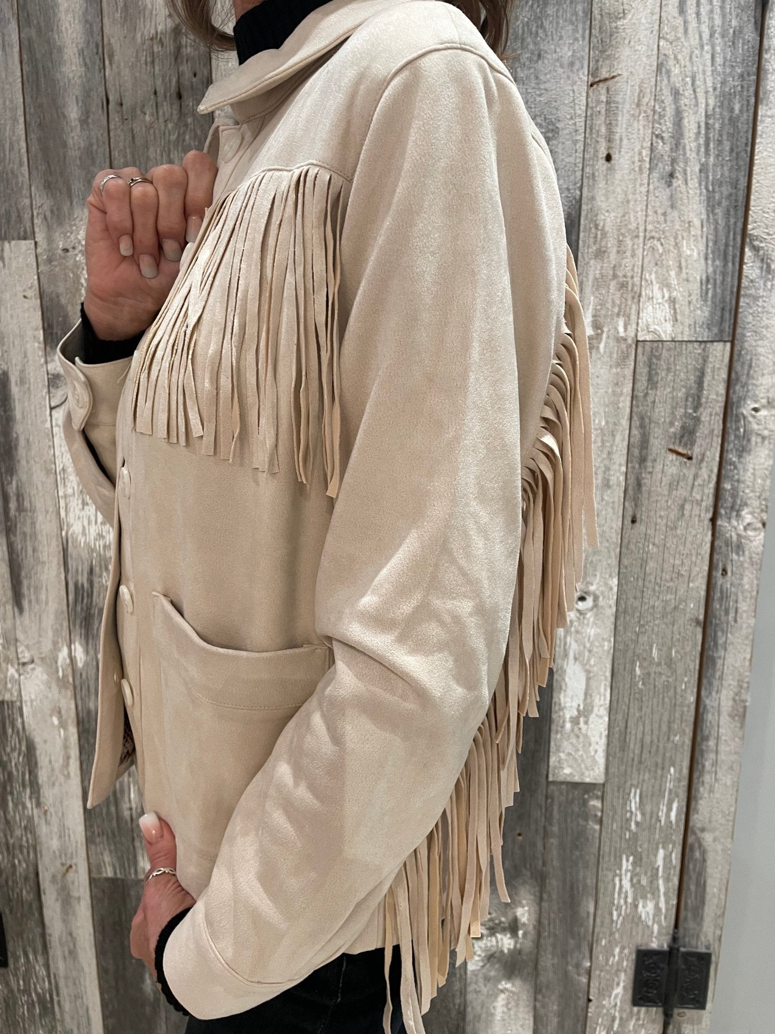 Fringe Detail Faux Suede Utility Jacket - Mainstream Boutique