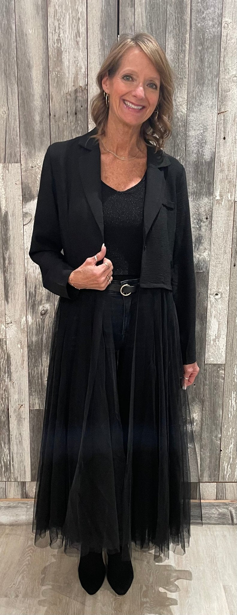 Longline Blazer Jacket With Mesh Tulle Panel - Mainstream Boutique