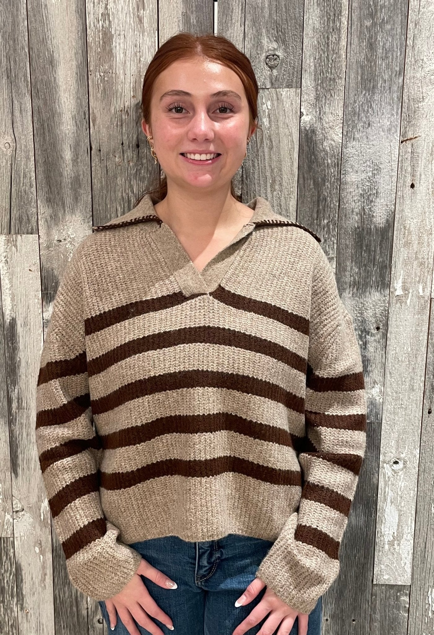 Striped Sweater W/ Stitched Collar - Mainstream Boutique