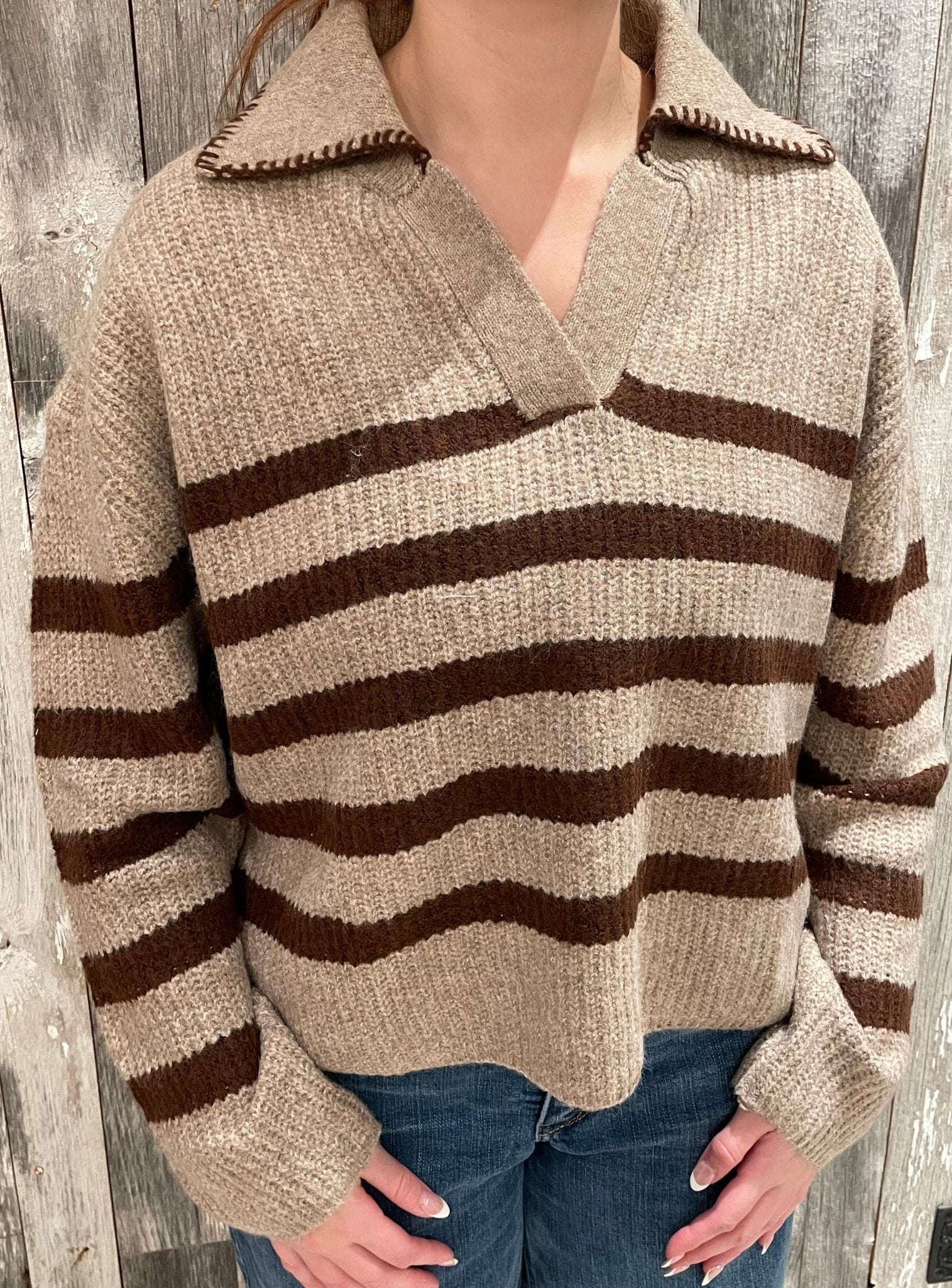 Striped Sweater W/ Stitched Collar - Mainstream Boutique