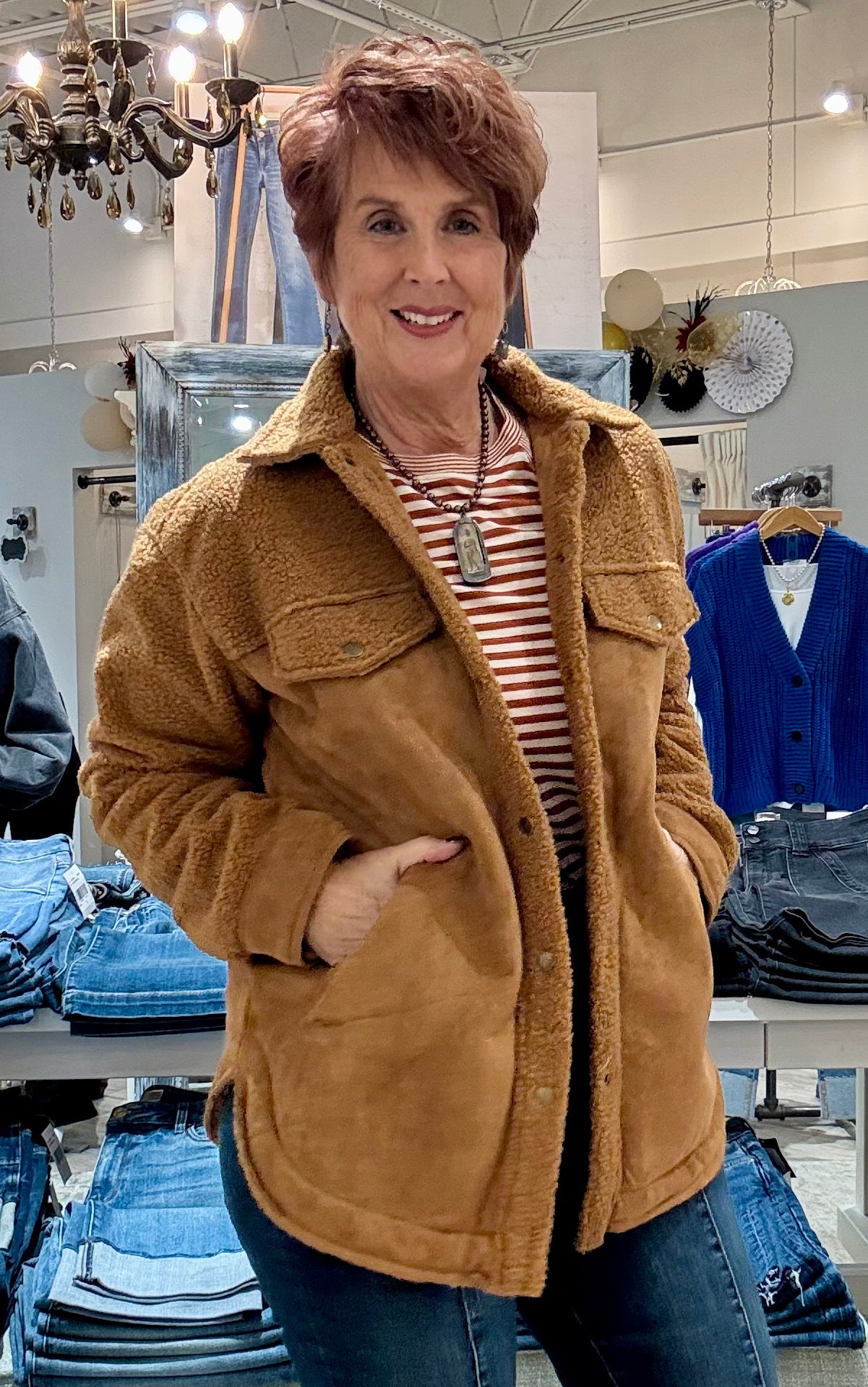 Long Sleeve Crew Neck Stripe Knit Top with Seaming Detail