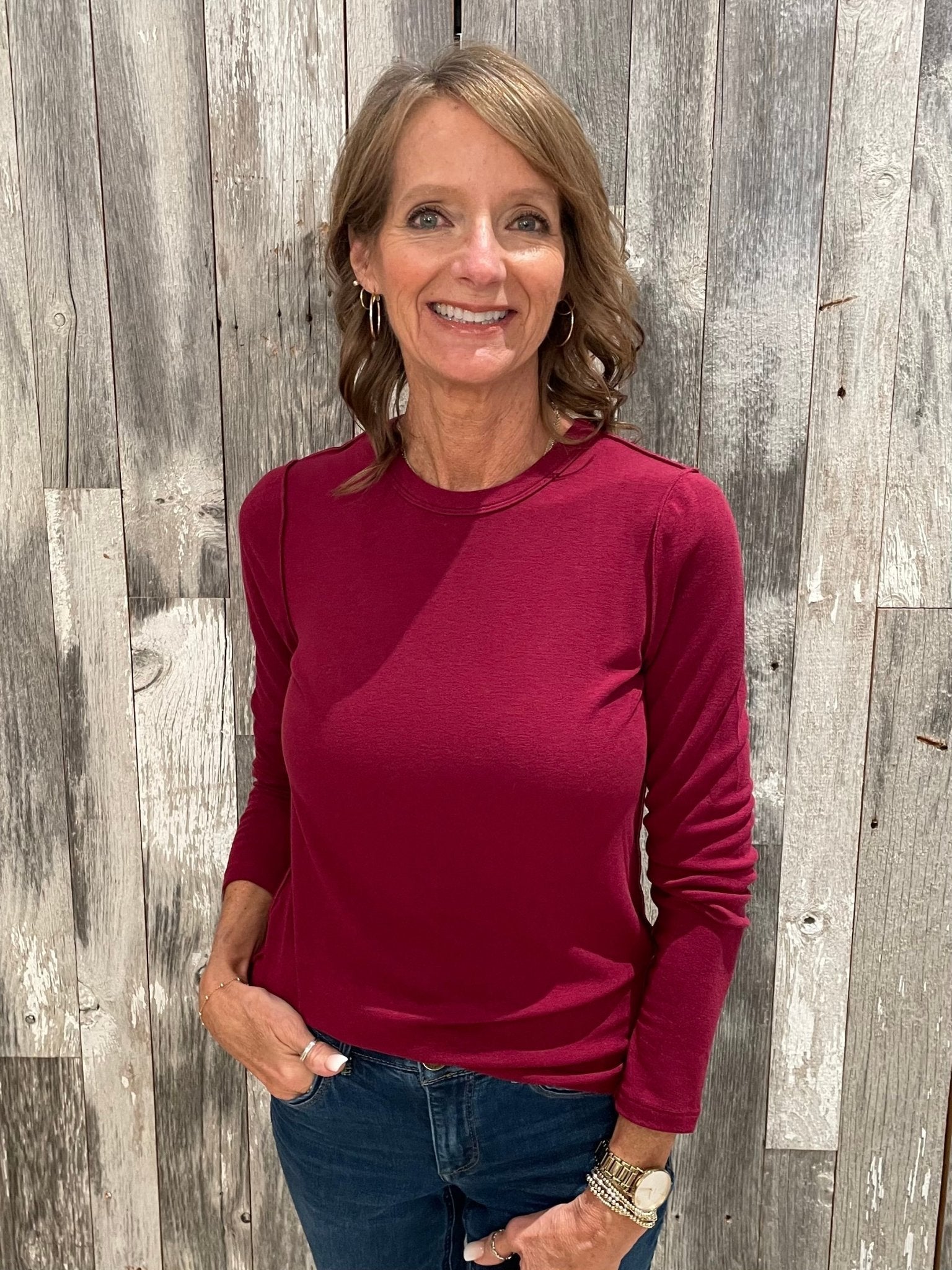 Crew Neck Exposed Seam Detail Top - Mainstream Boutique