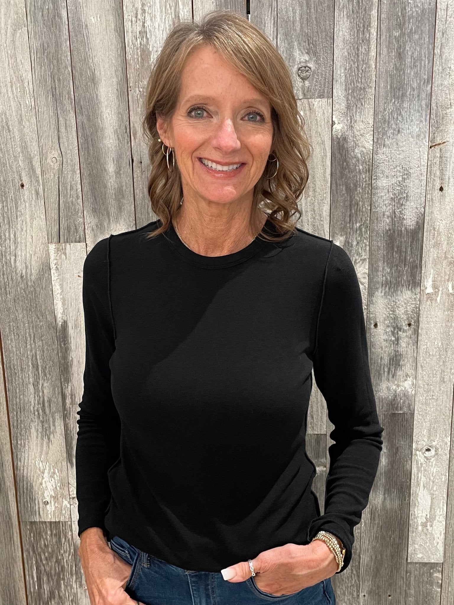 Crew Neck Exposed Seam Detail Top - Mainstream Boutique
