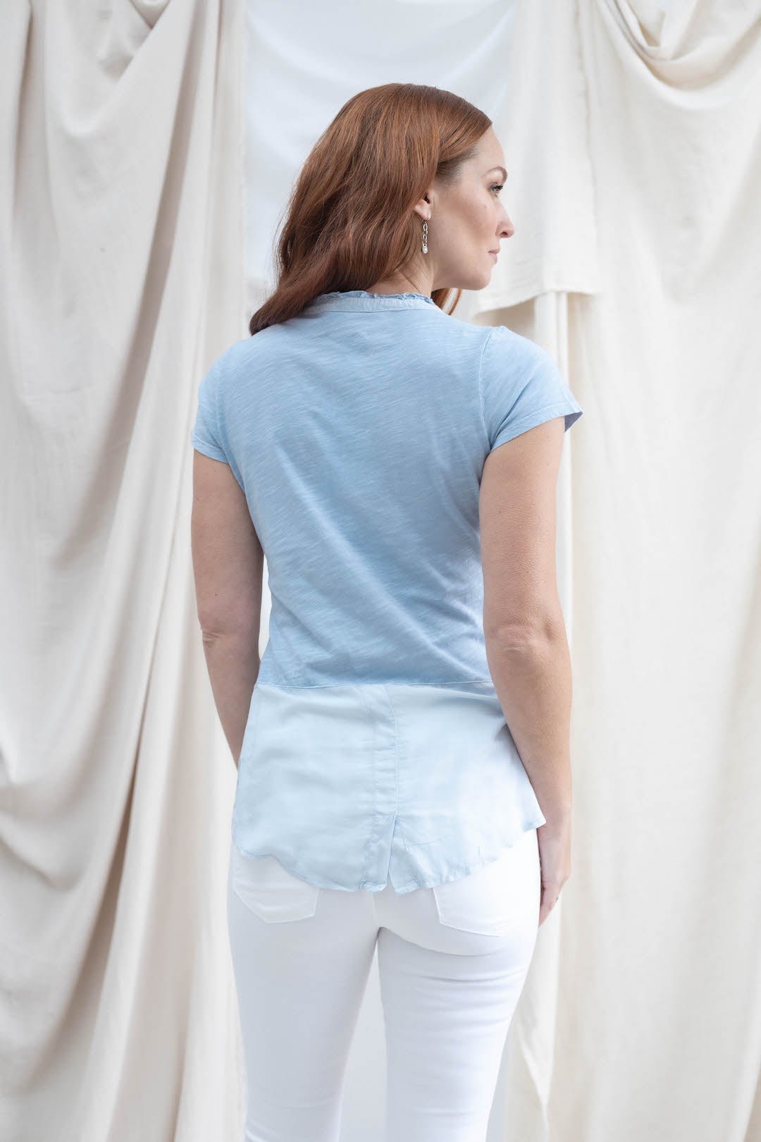 Button Detail V - Neck Top - Blue - Mainstream Boutique