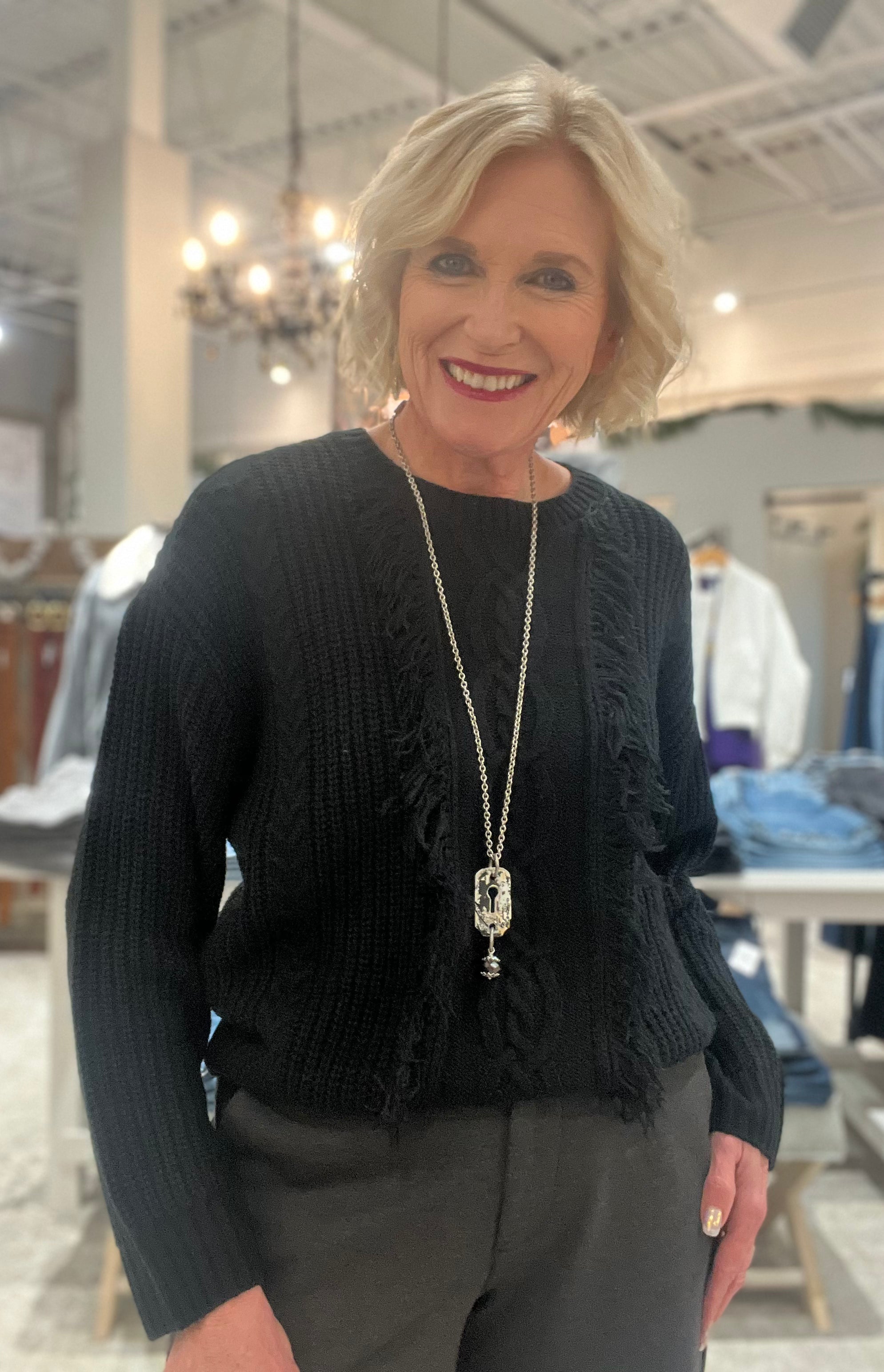 Long Sleeve Crew Neck Sweater with Fringe Detail