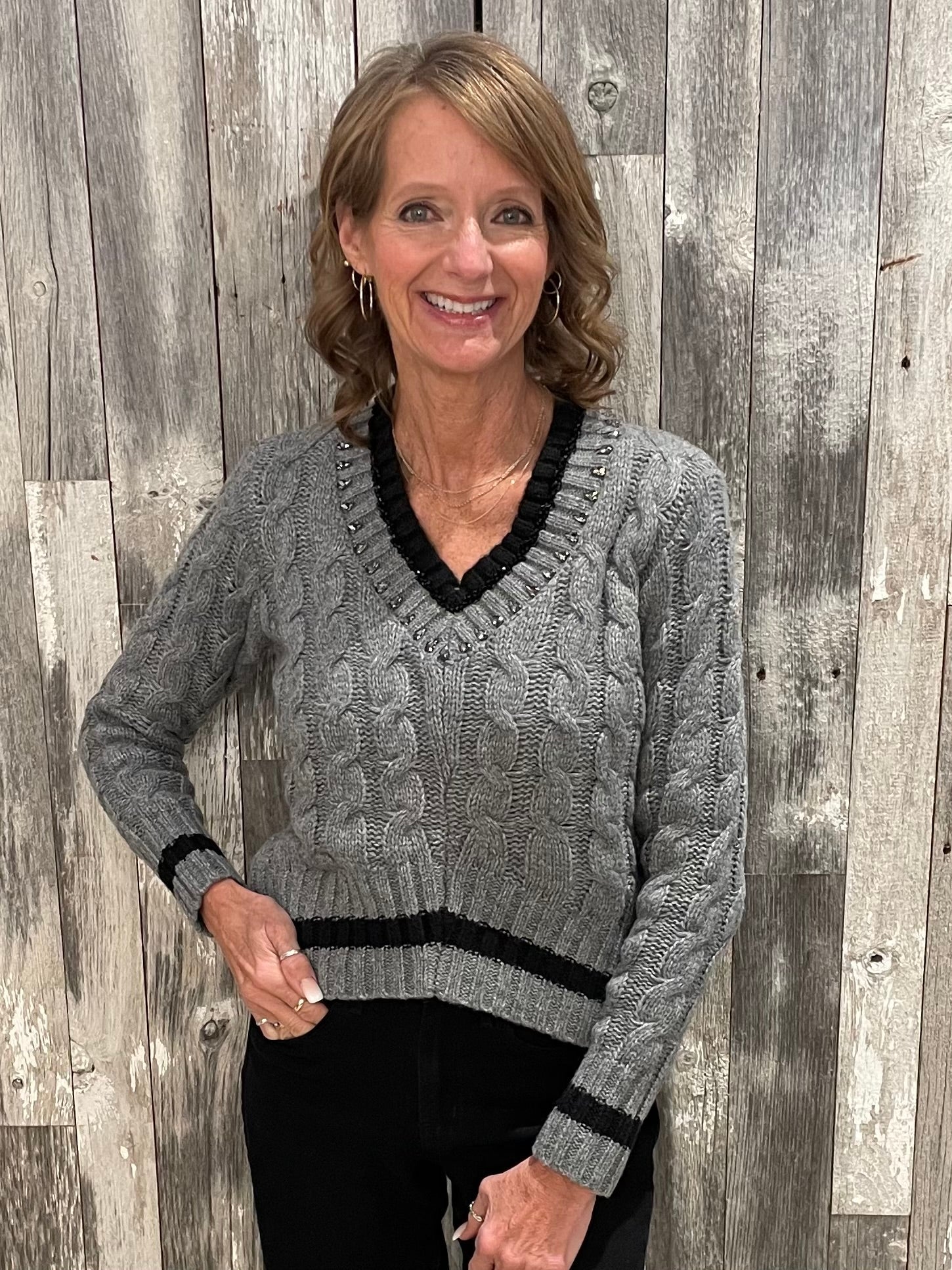 Cable Knit Embellish Detail Sweater - Mainstream Boutique