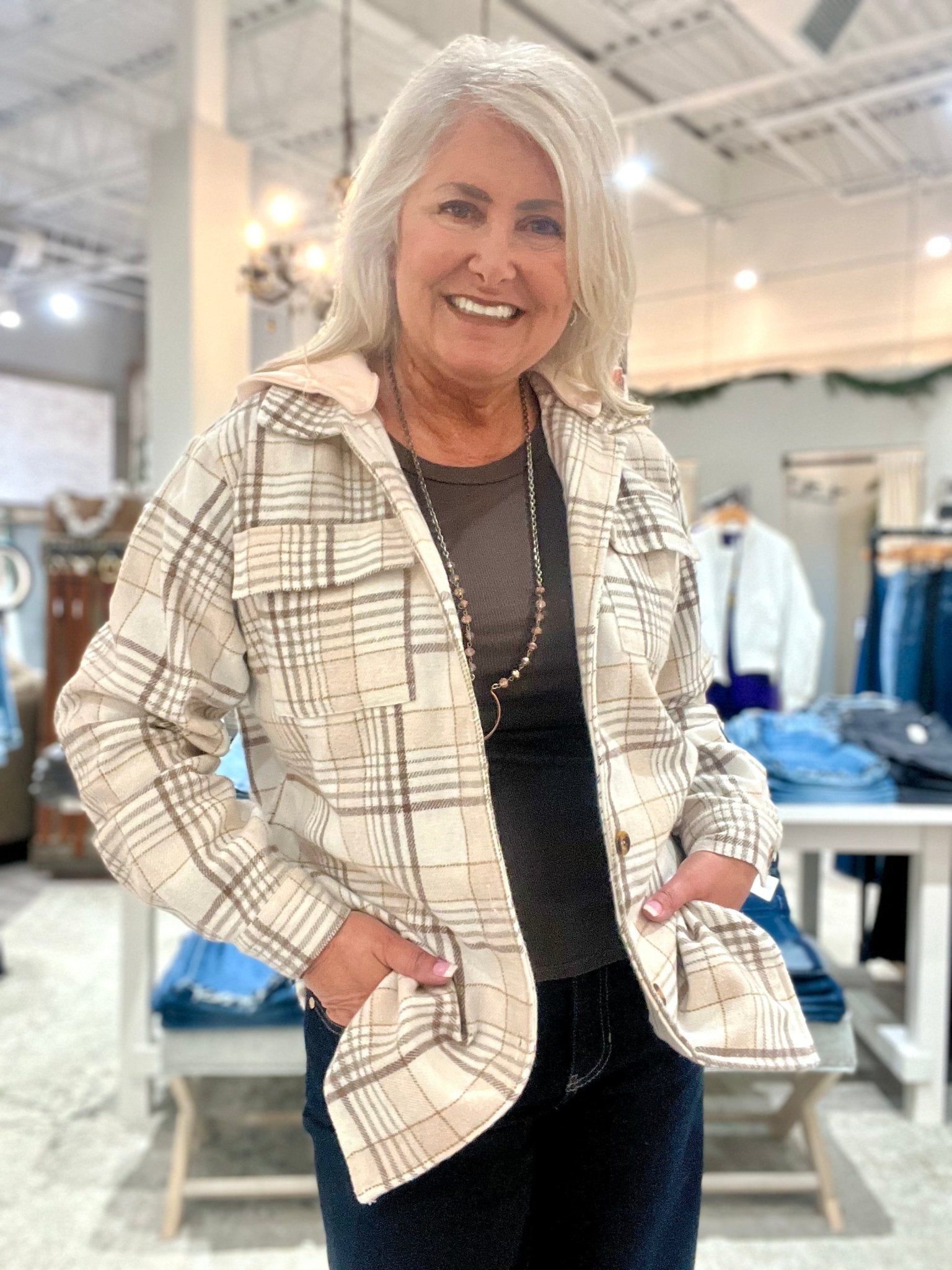 Khaki Plaid Buttoned Shacket with Removable Hood