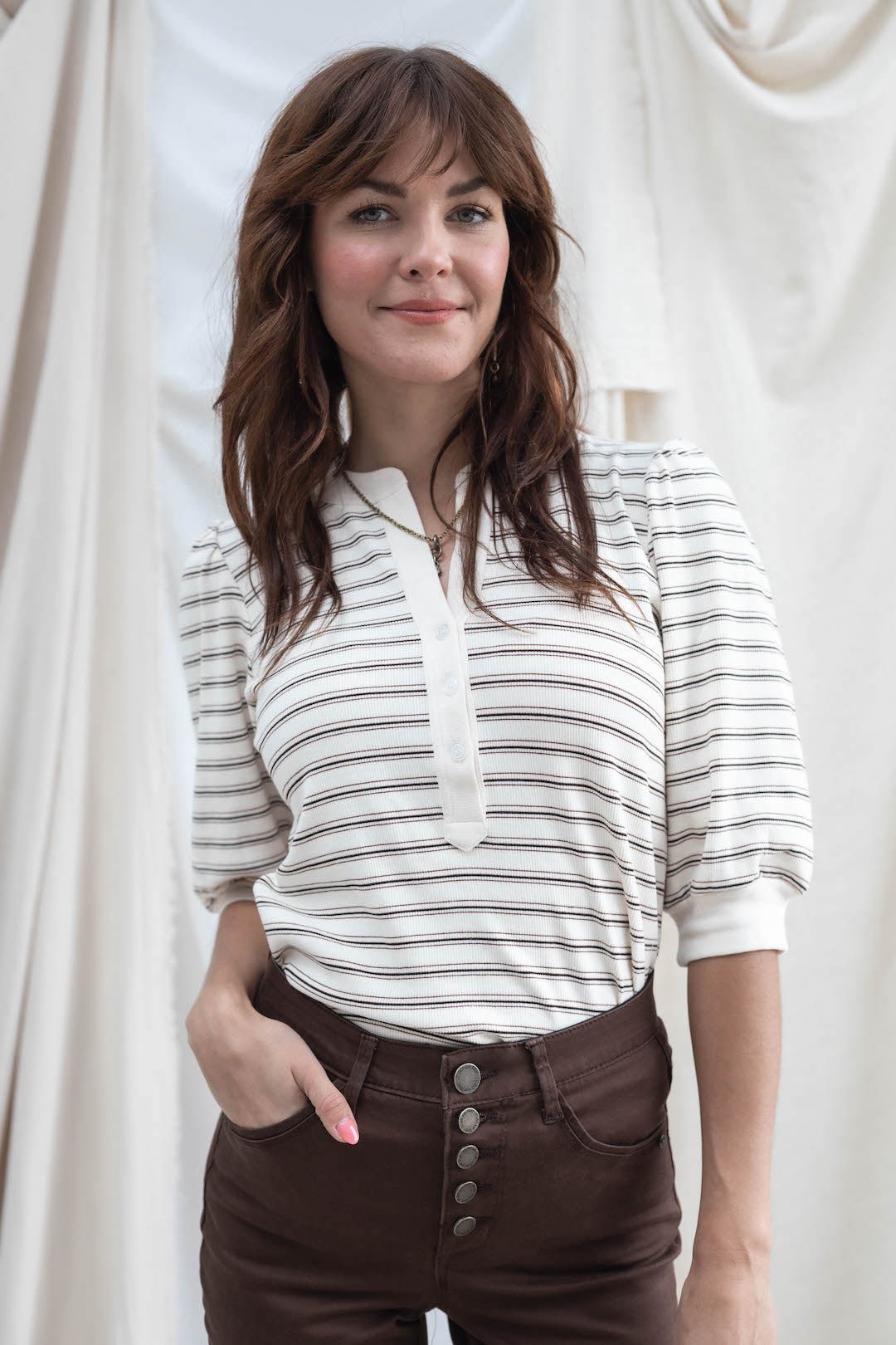 Stripe Button Front Elbow Sleeve Top - Mainstream Boutique