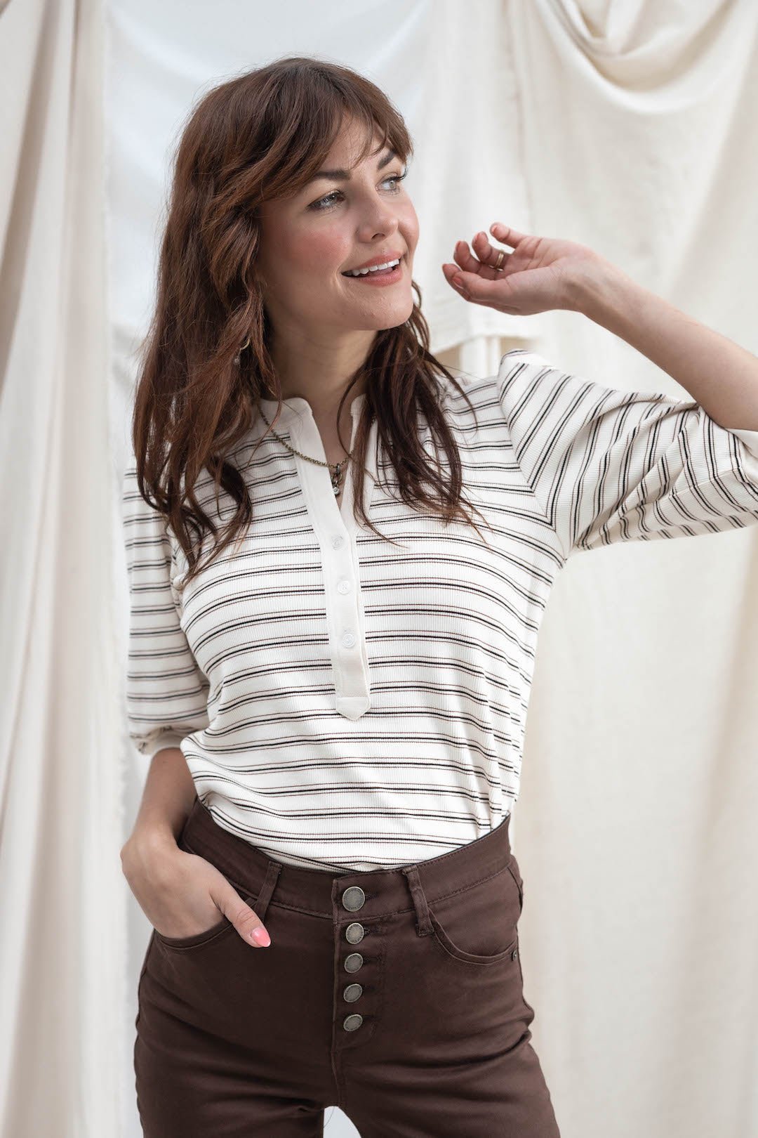 Stripe Button Front Elbow Sleeve Top - Mainstream Boutique