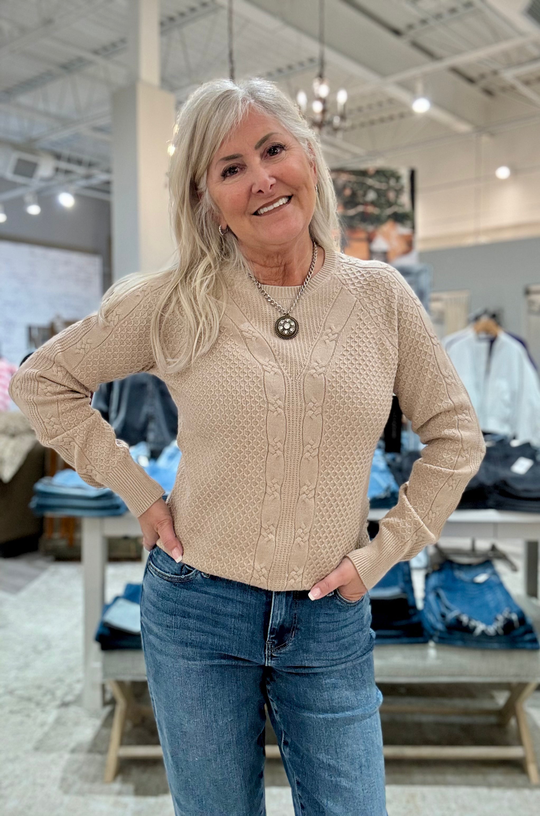 Long Sleeve Crew Neck Raglan Sweater-khaki