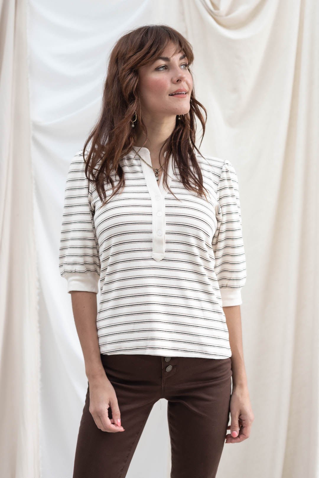 Stripe Button Front Elbow Sleeve Top - Mainstream Boutique