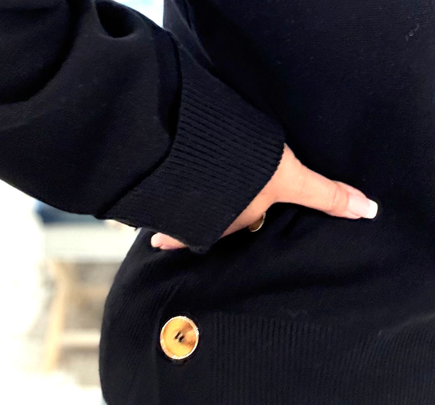 Wide Cuff V-Neck Sweater With Side Buttons