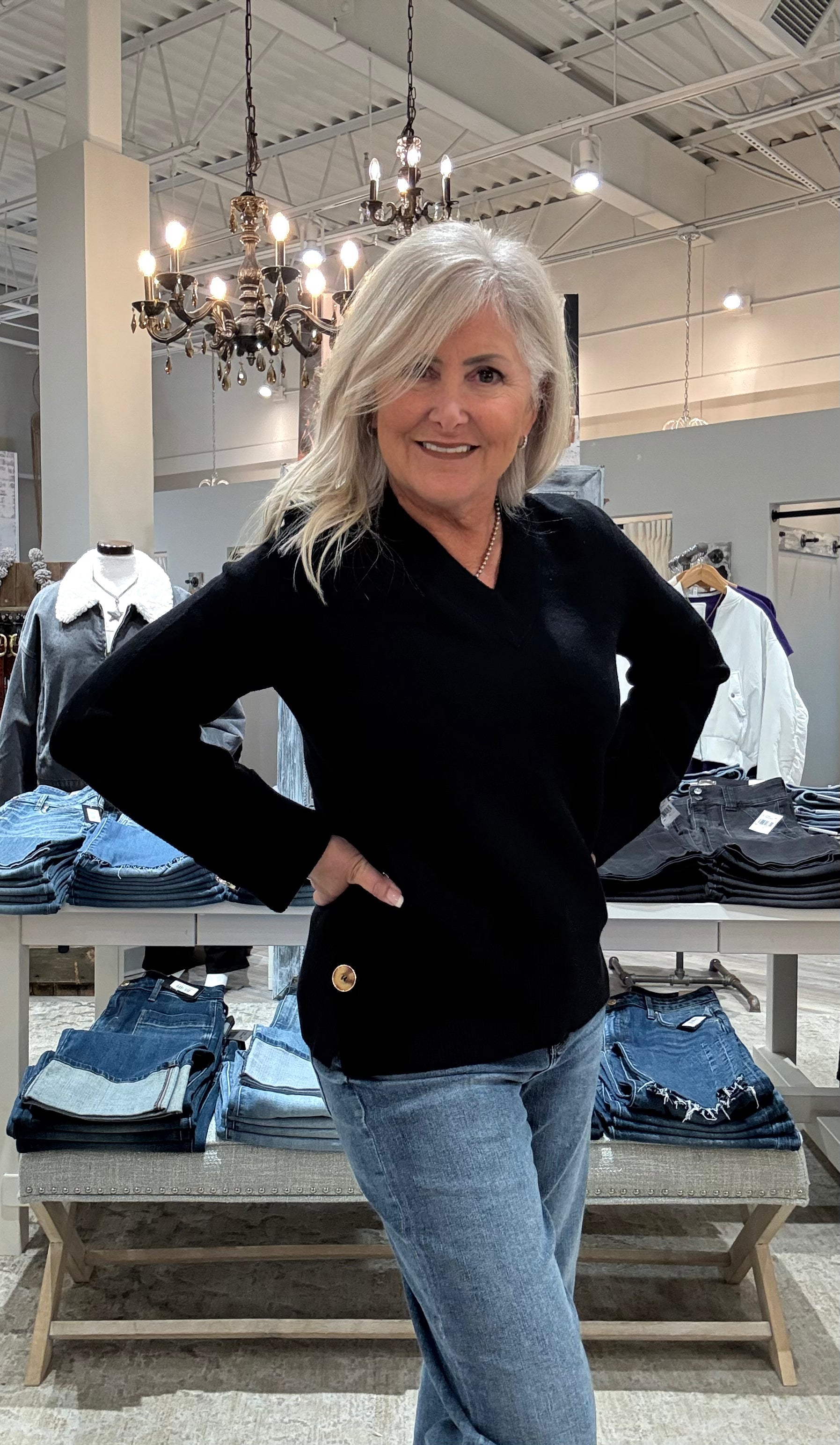 Wide Cuff V-Neck Sweater With Side Buttons