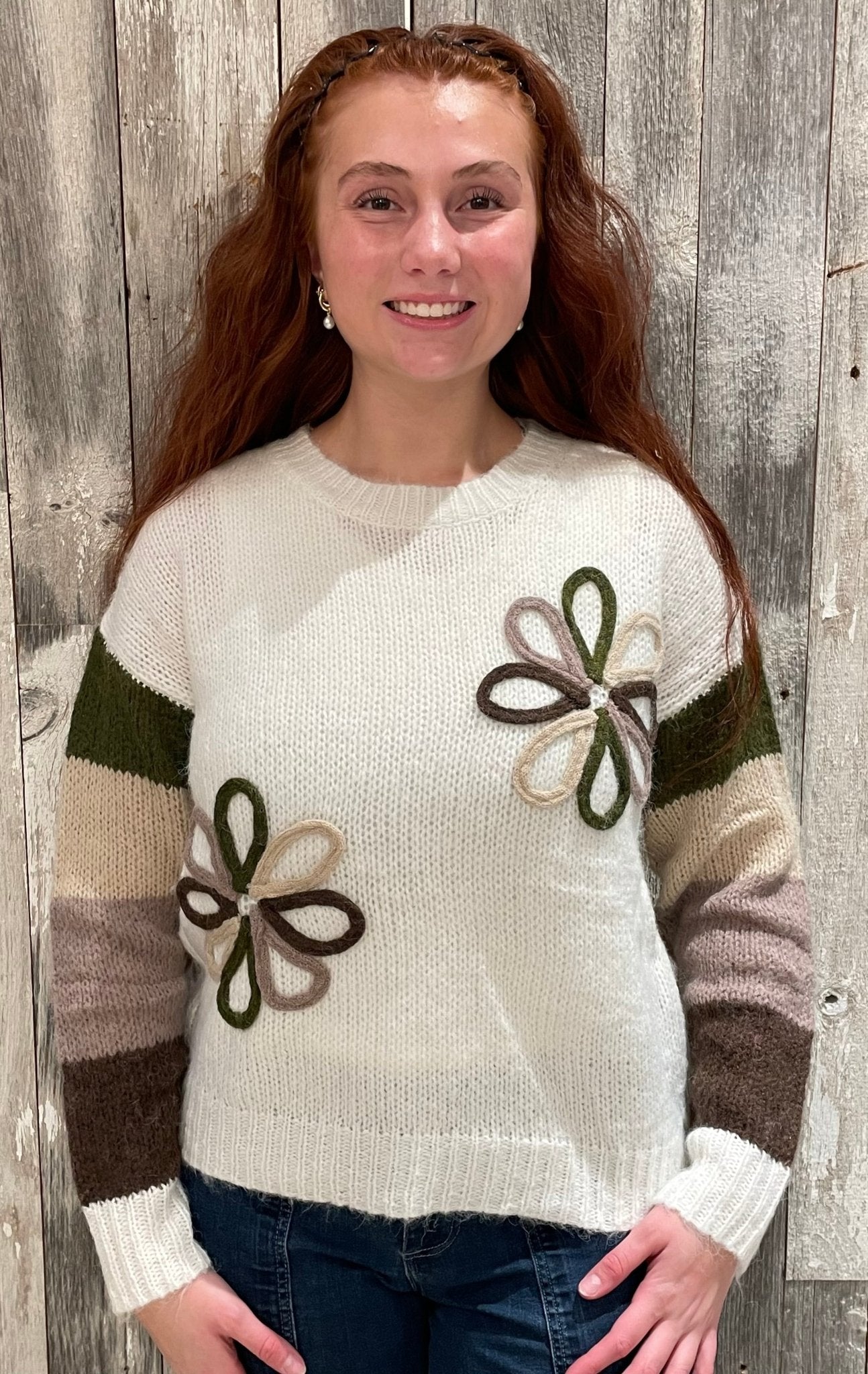 Flower Color Block Sweater Top - Mainstream Boutique