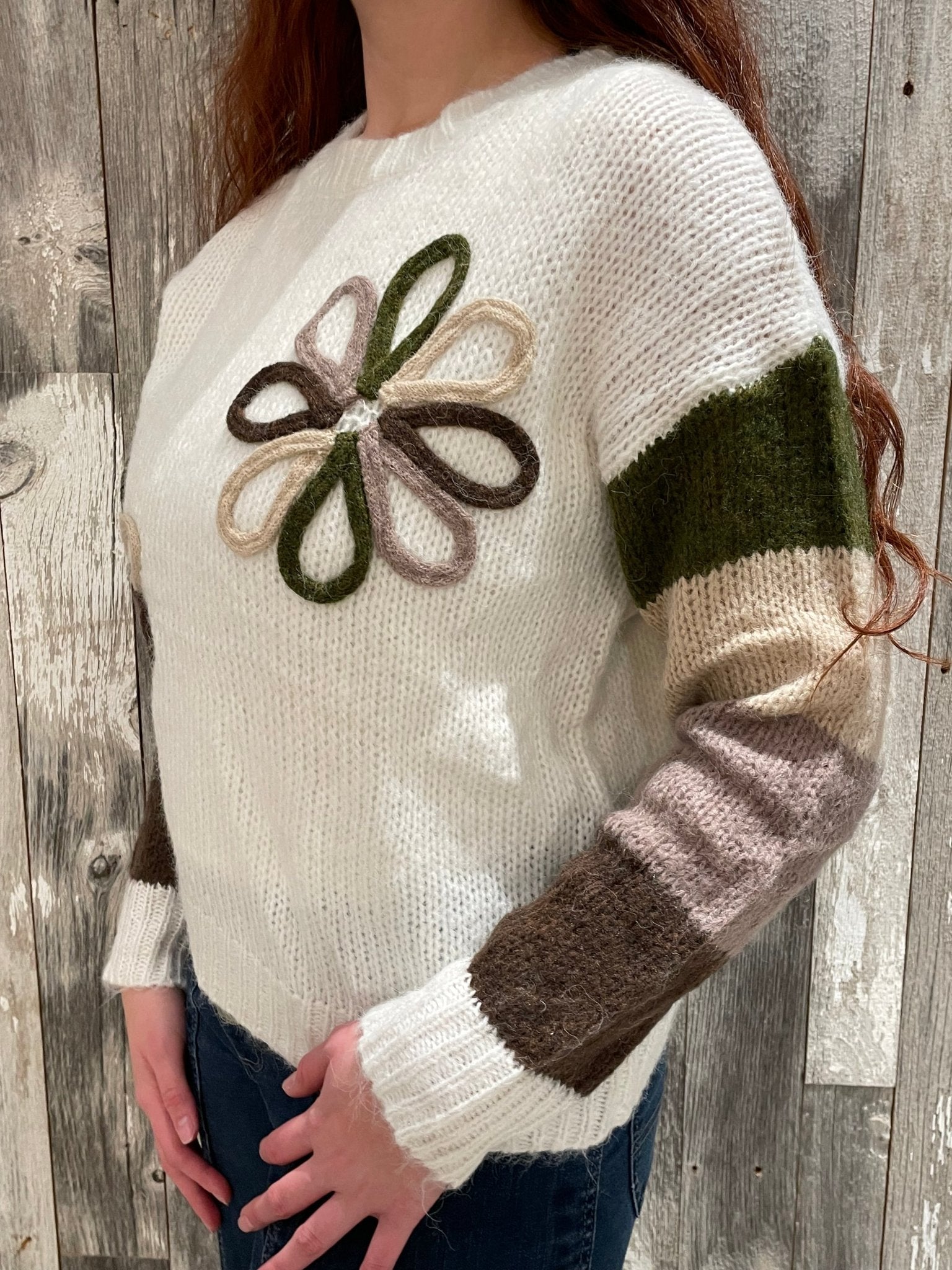 Flower Color Block Sweater Top - Mainstream Boutique