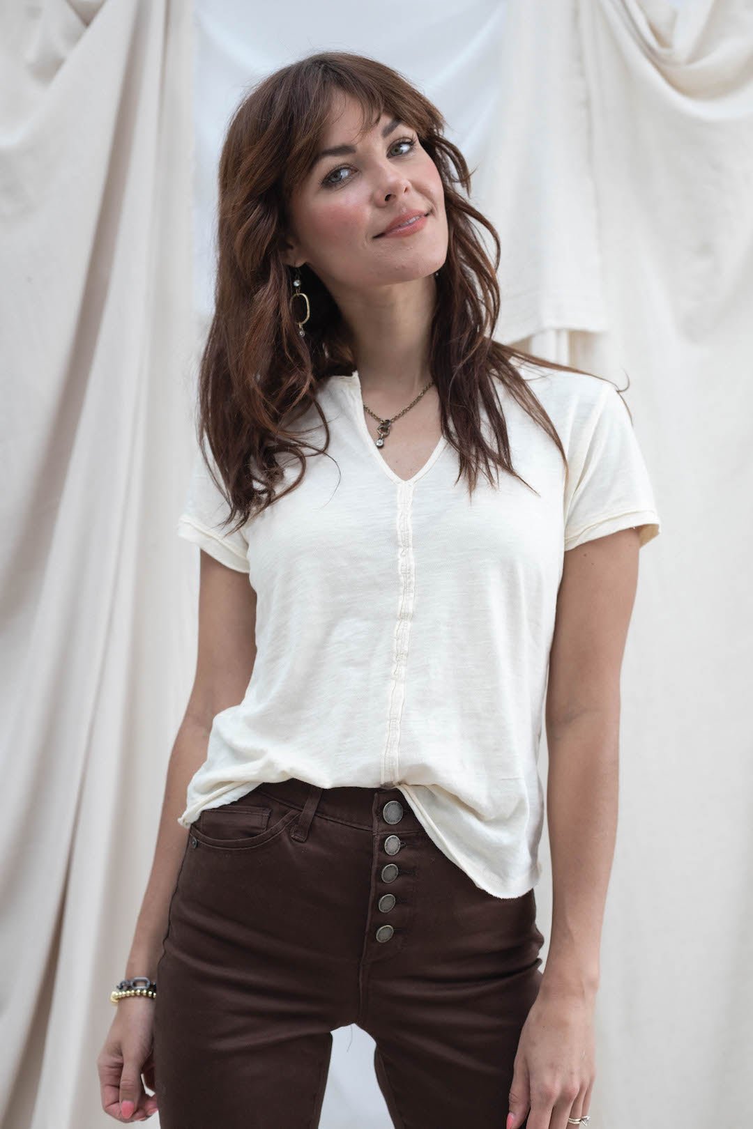 Placket Front V Neck Top - Cement - Mainstream Boutique