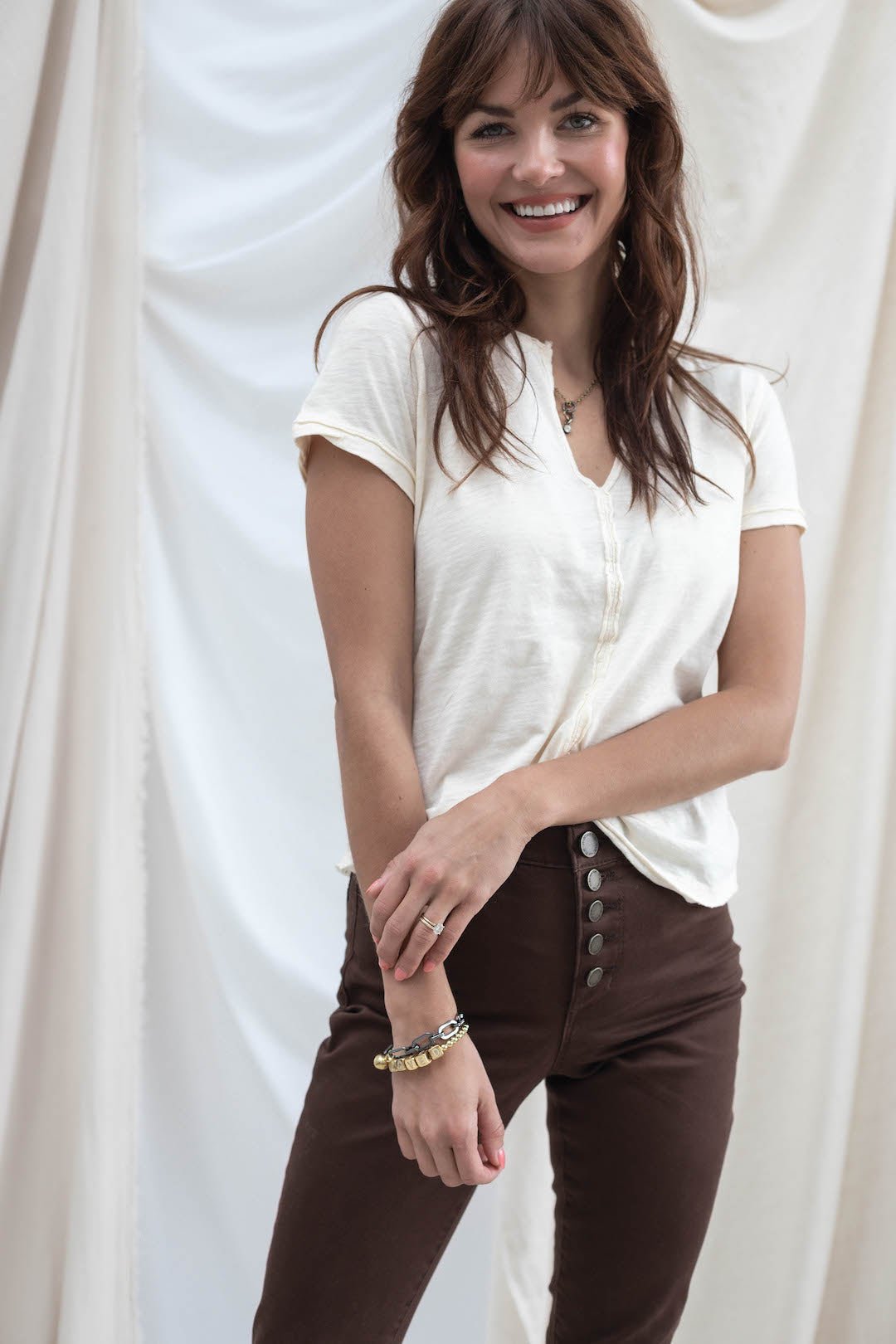 Placket Front V Neck Top - Cement - Mainstream Boutique