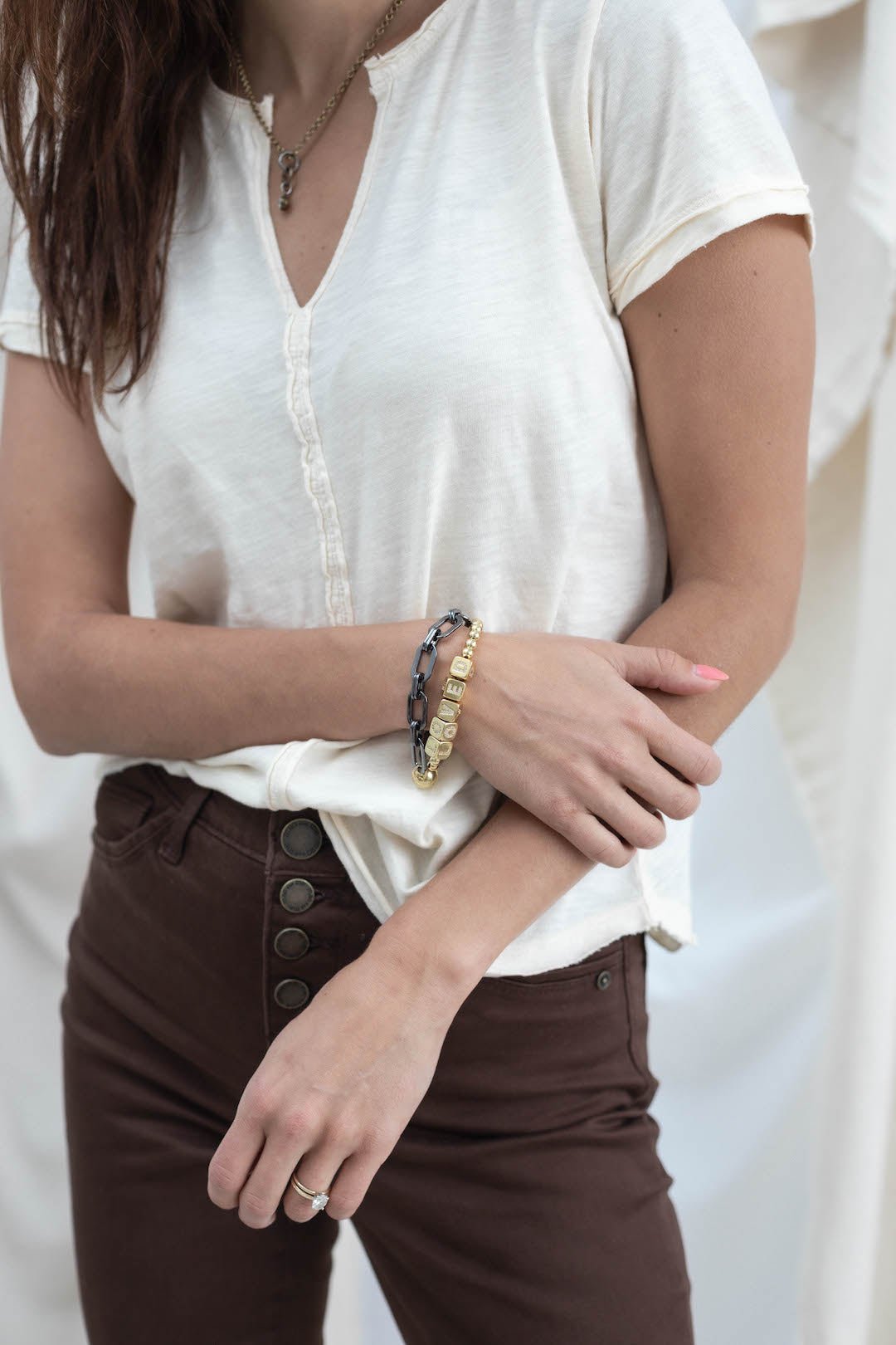 Placket Front V Neck Top - Cement - Mainstream Boutique