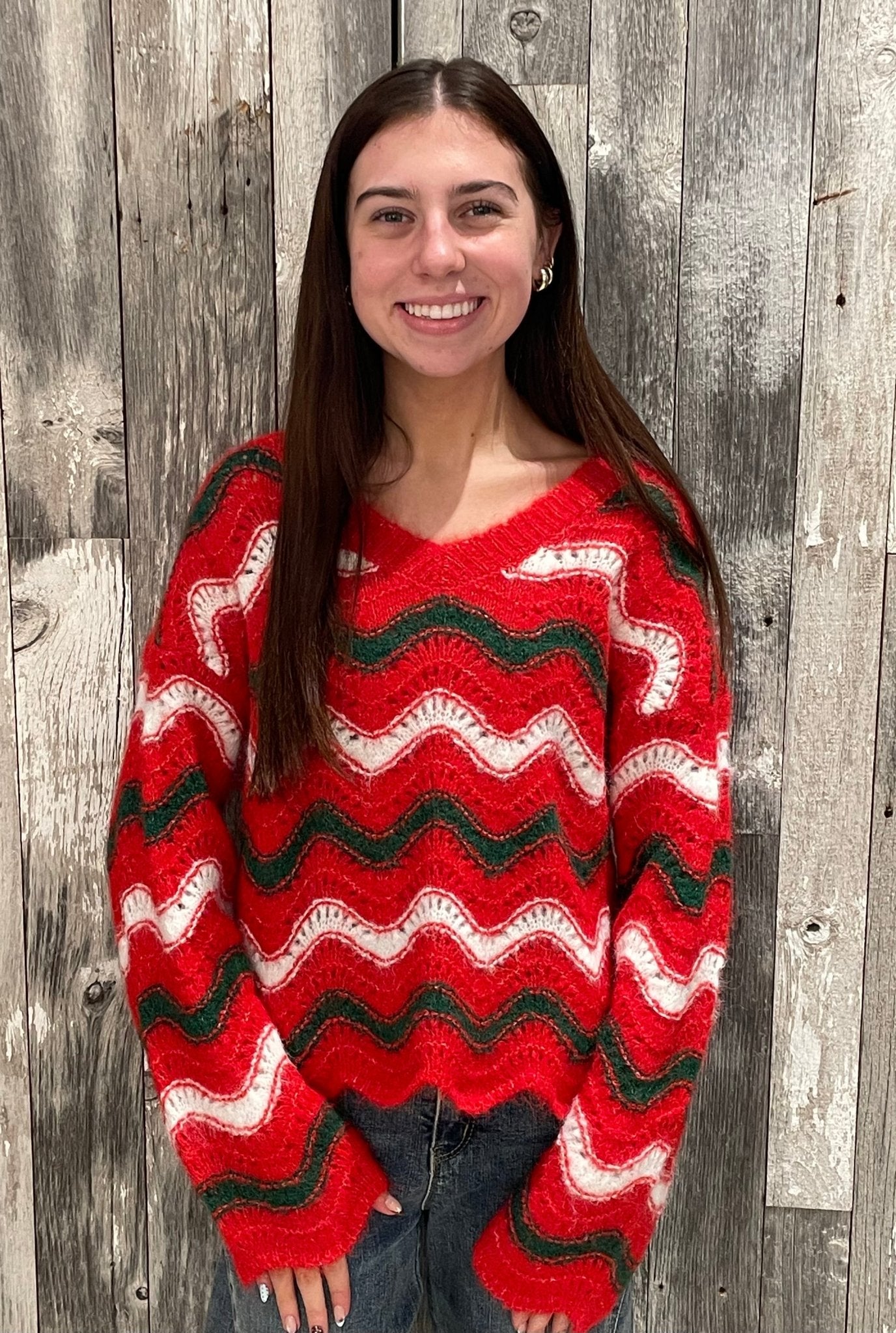 Christmas Wavy Stripes V - neck Sweater *Final Sale* - Mainstream Boutique