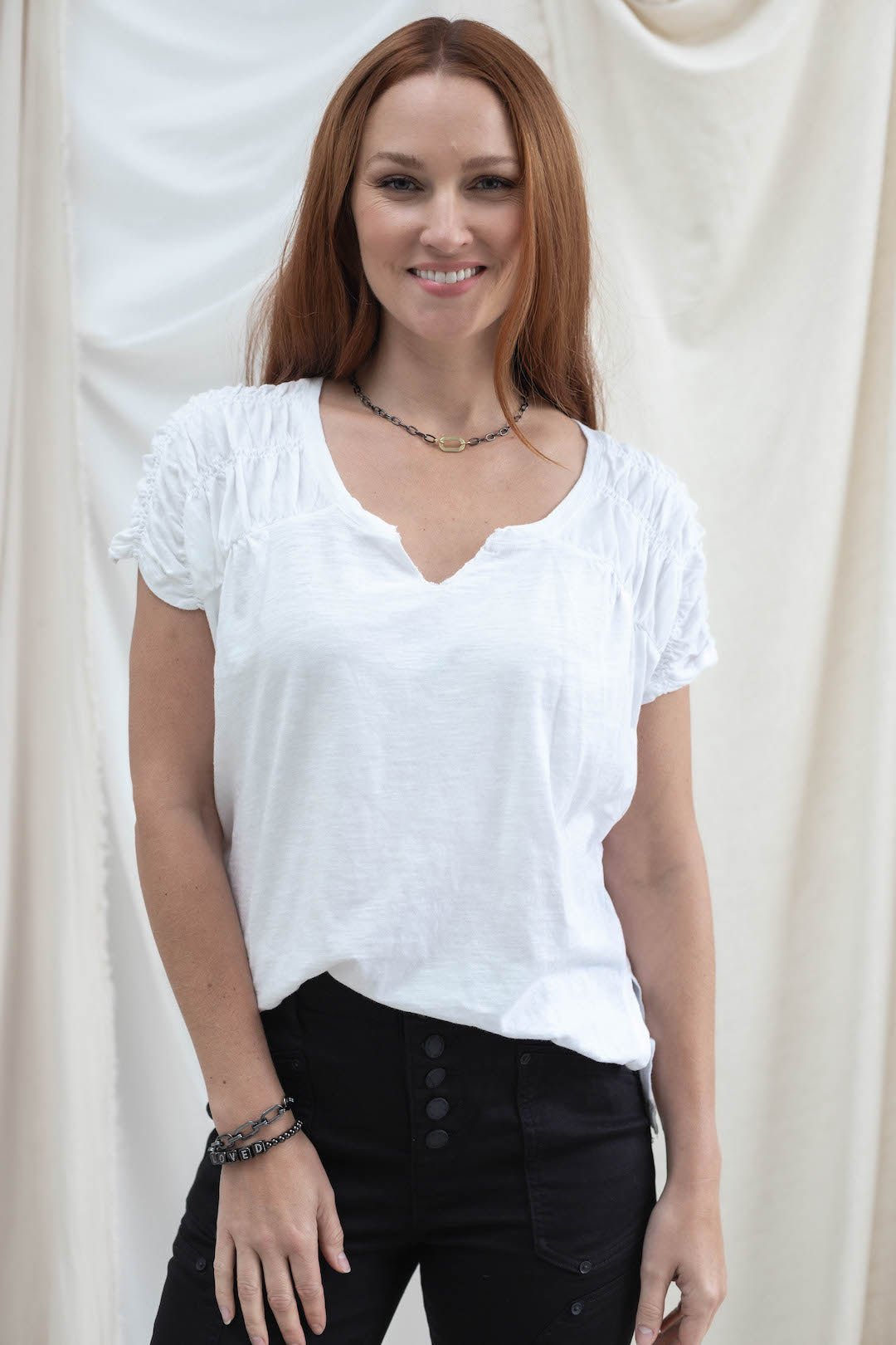 Ruched Notch Neck Short Sleeve - 2 Colors - Mainstream Boutique