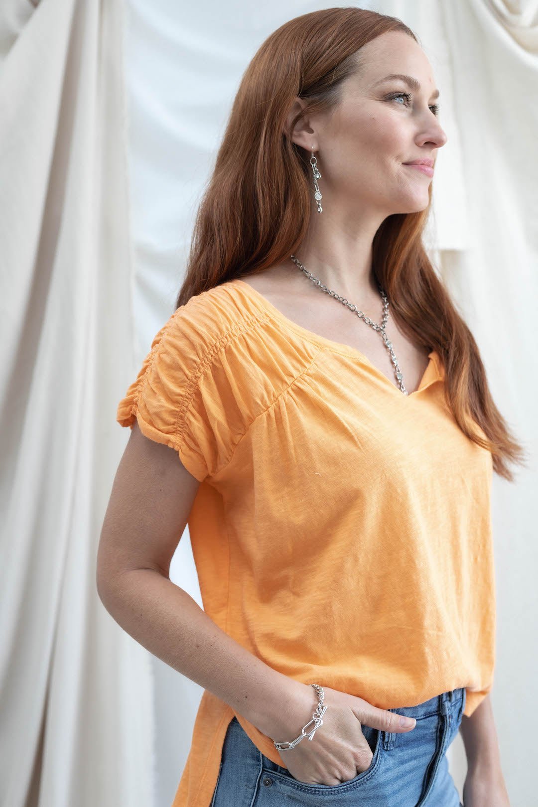 Ruched Notch Neck Short Sleeve - 2 Colors - Mainstream Boutique