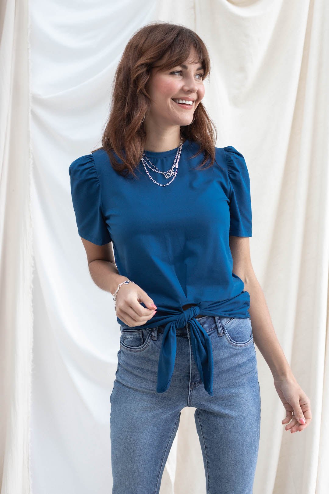 Tie Front Tee With Puff Sleeve - Mainstream Boutique