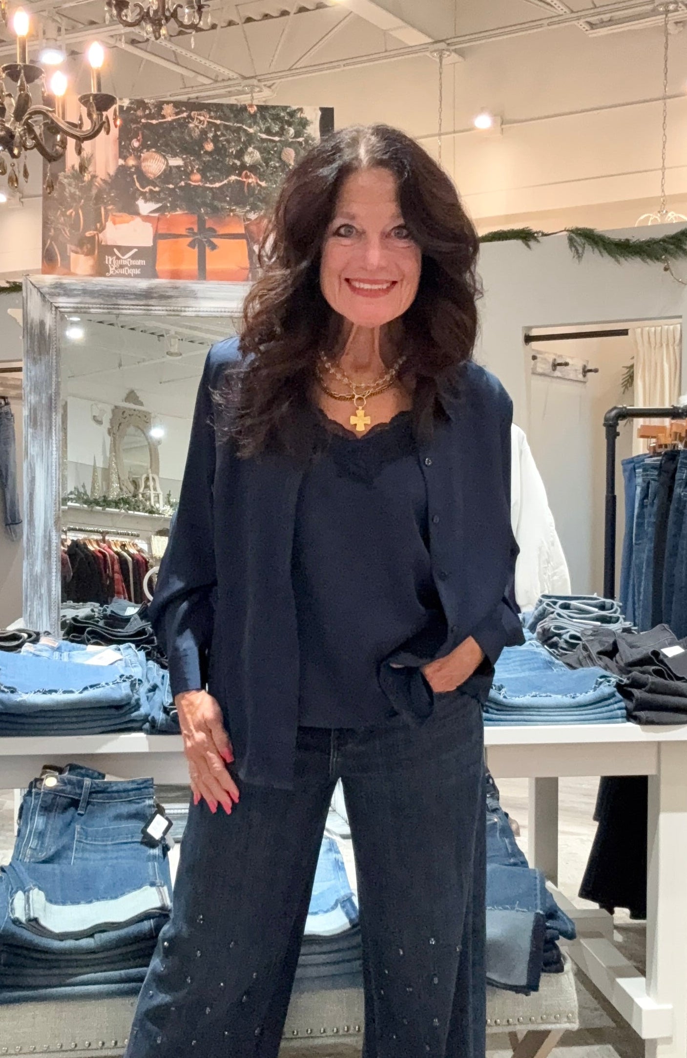 Long Sleeve Button Up Woven Shirt- navy