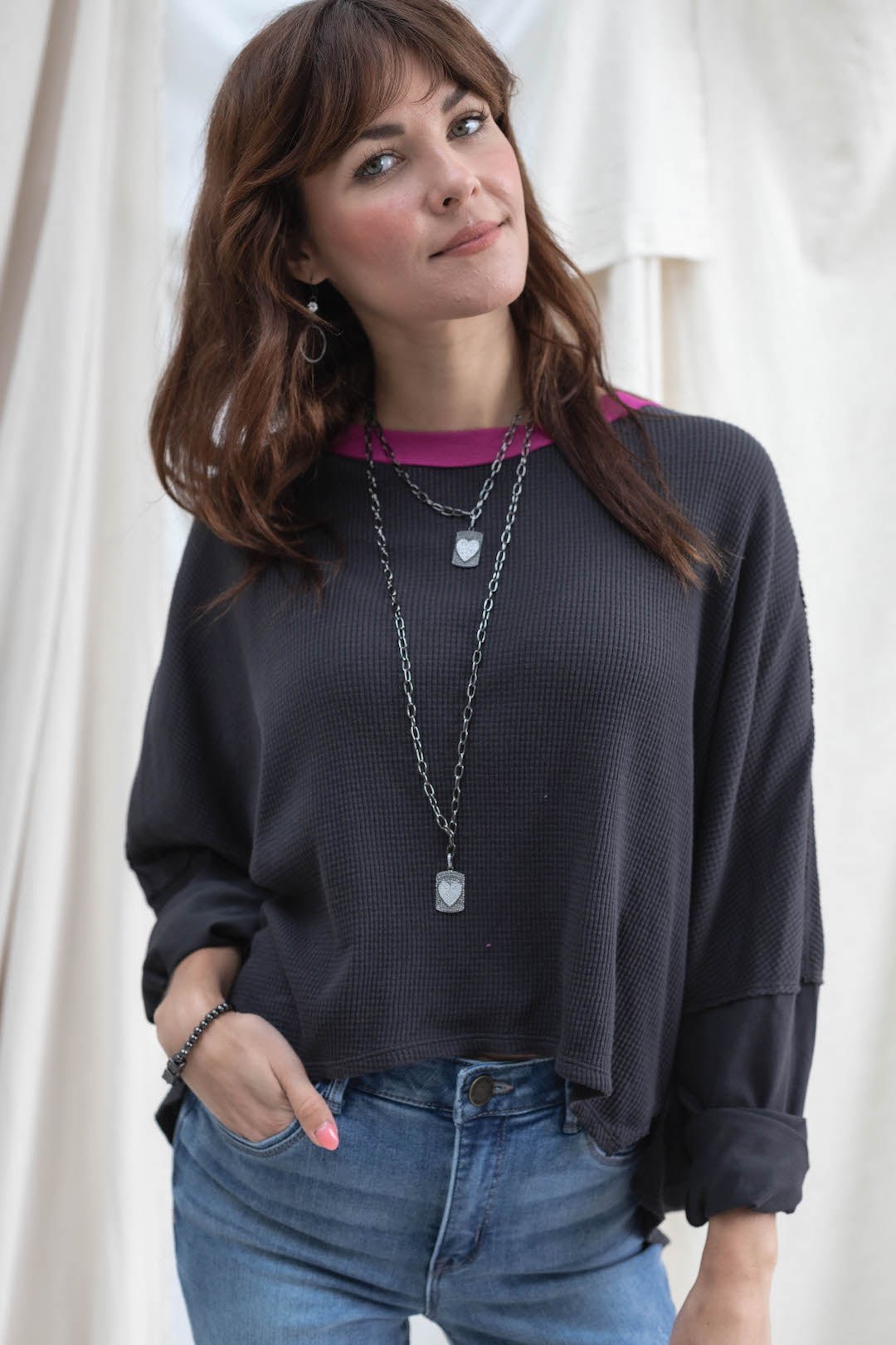 Contrast Neck Mixed Media Top - Mainstream Boutique