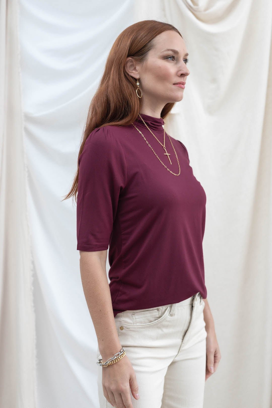 Mock Neck Elbow Sleeve Top - Berry - Mainstream Boutique