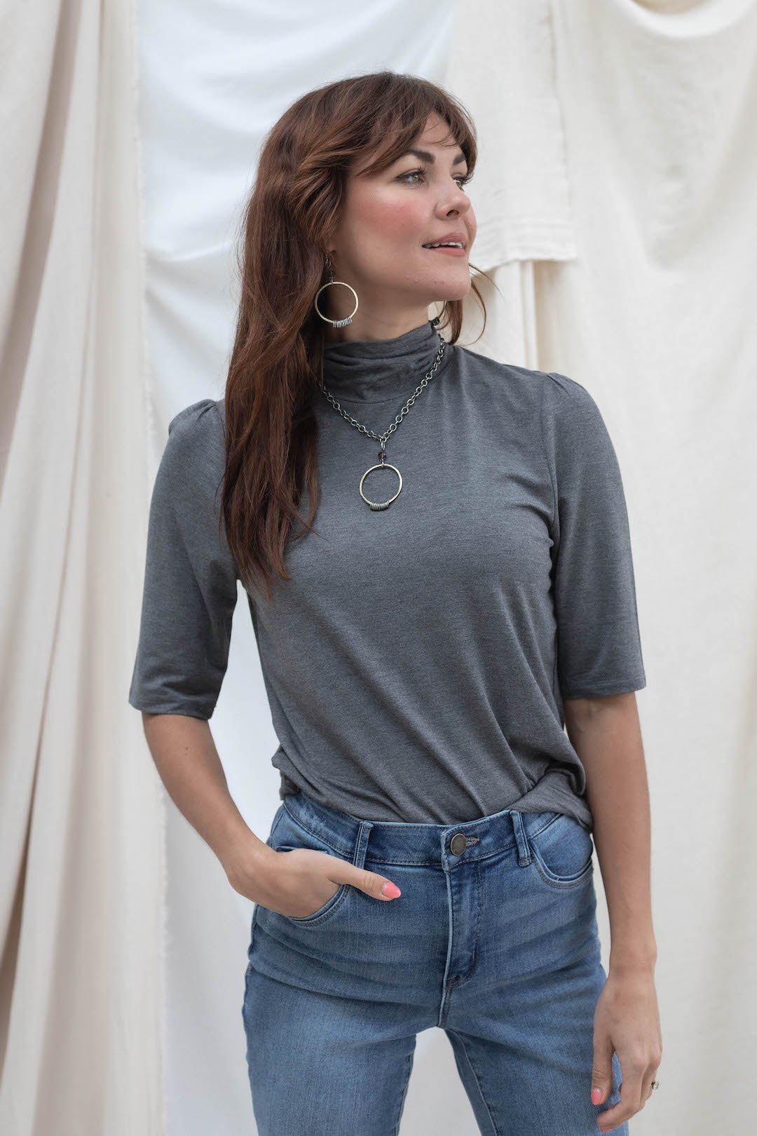 Mock Neck Elbow Sleeve Top - Charcoal - Mainstream Boutique