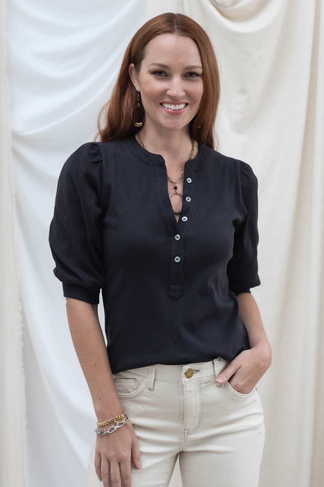 Elbow Sleeve Button Front Top - Black - Mainstream Boutique