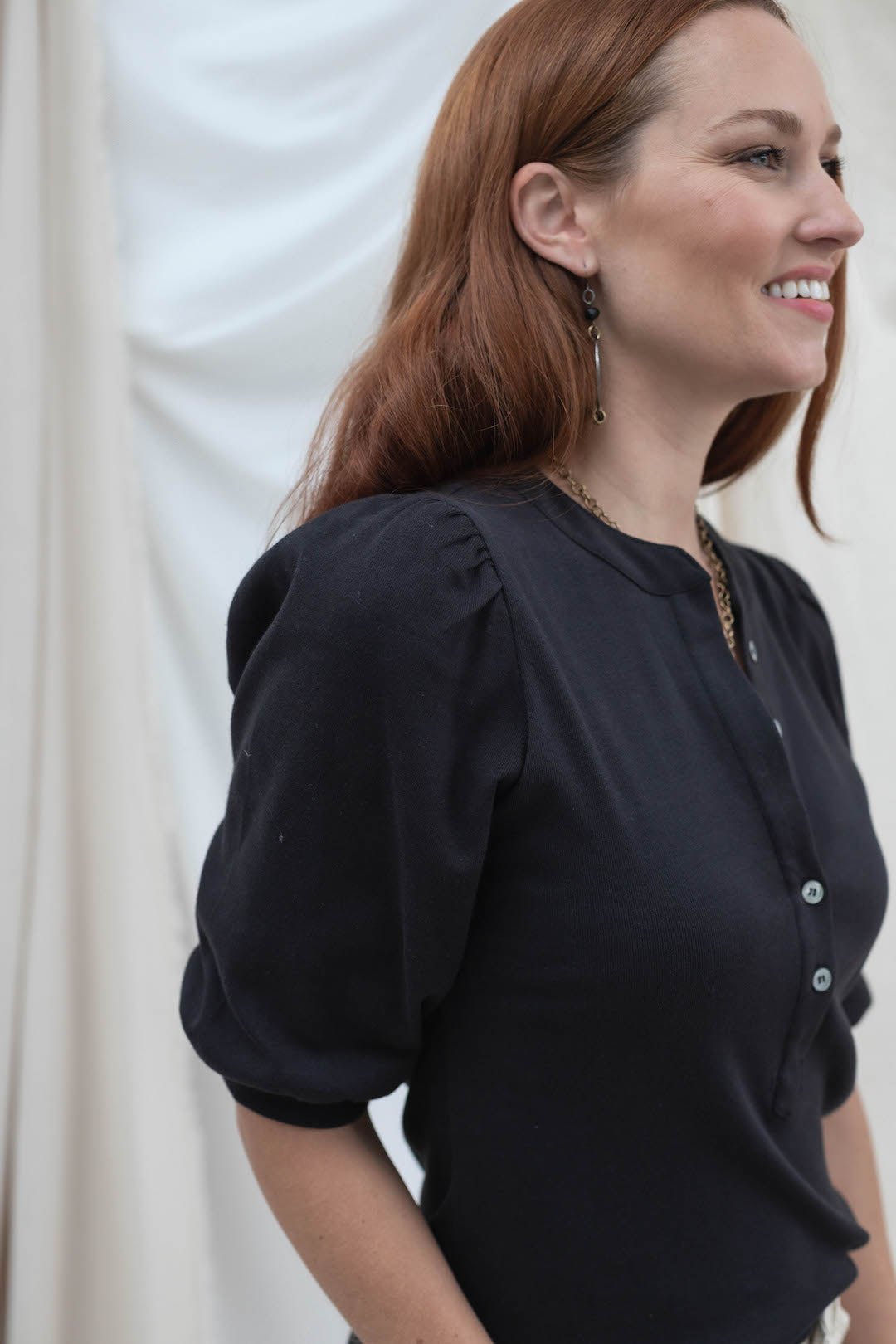 Elbow Sleeve Button Front Top - Black - Mainstream Boutique