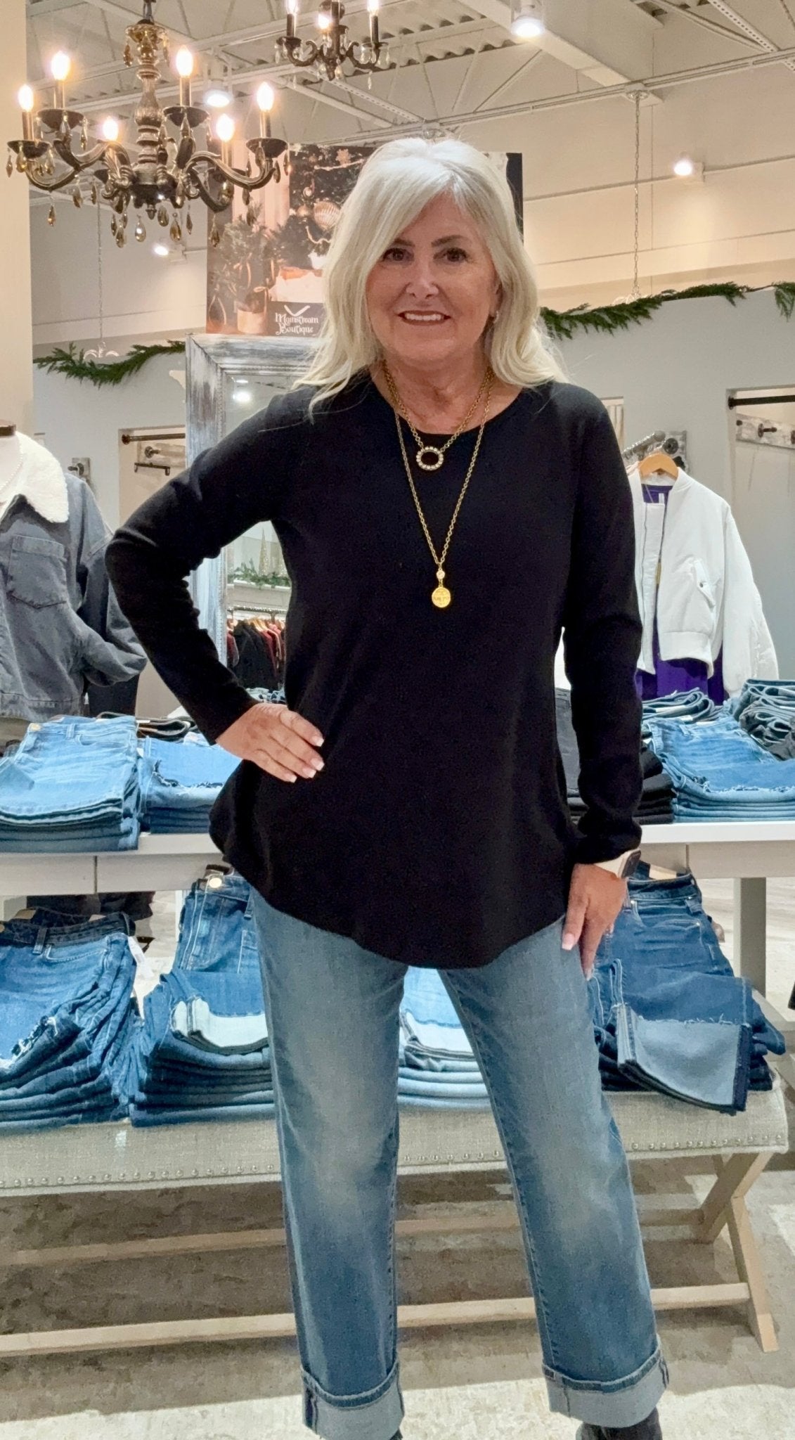 Long Sleeve V-Neck Pullover with Raw Edge- black